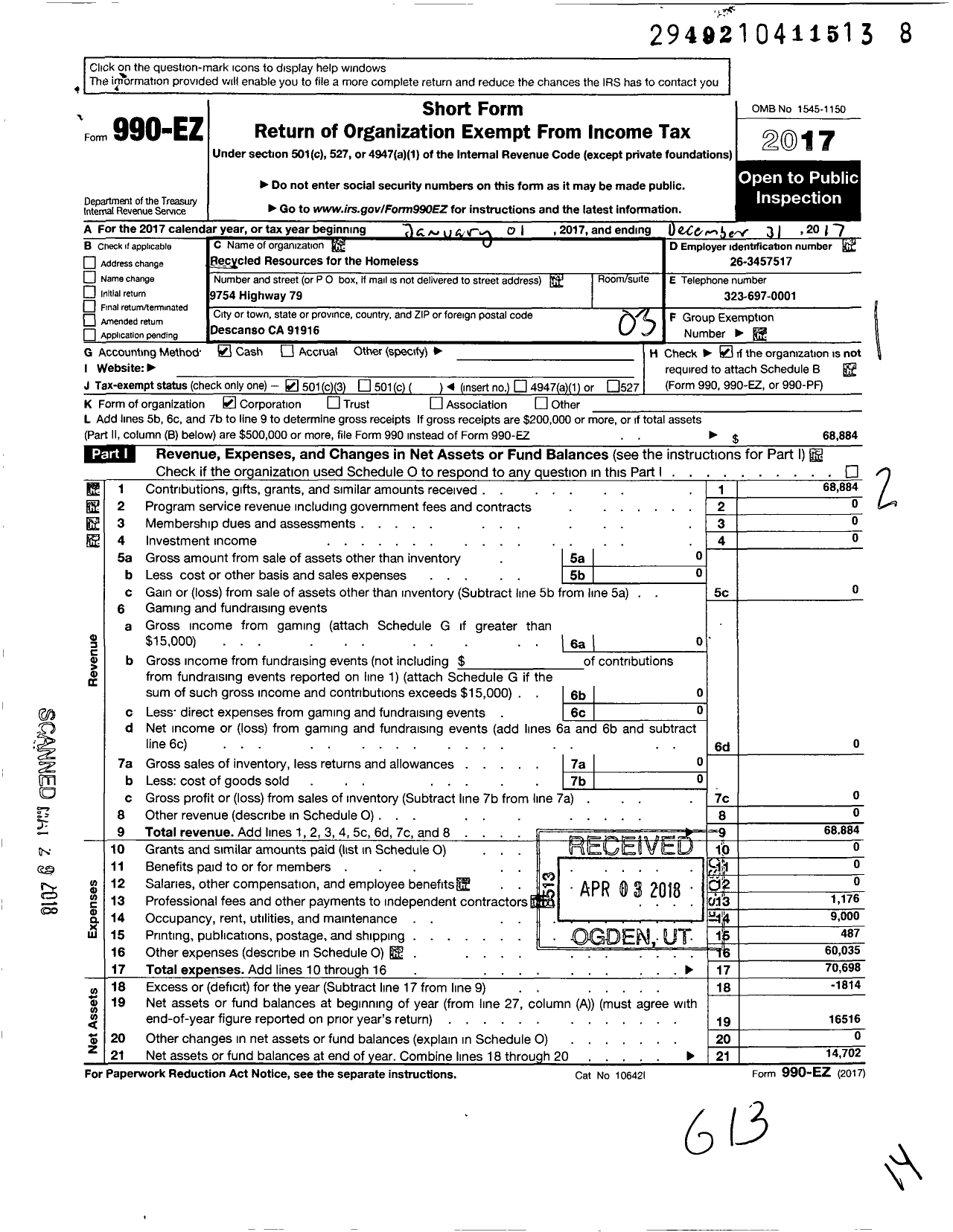 Image of first page of 2017 Form 990EZ for Recycled Resources for the Homeless