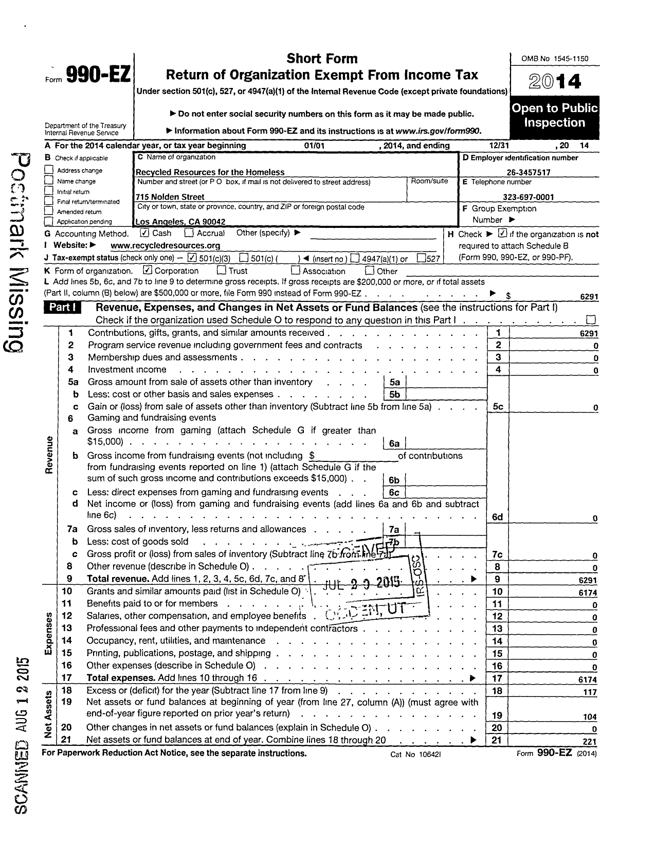 Image of first page of 2014 Form 990EZ for Recycled Resources for the Homeless