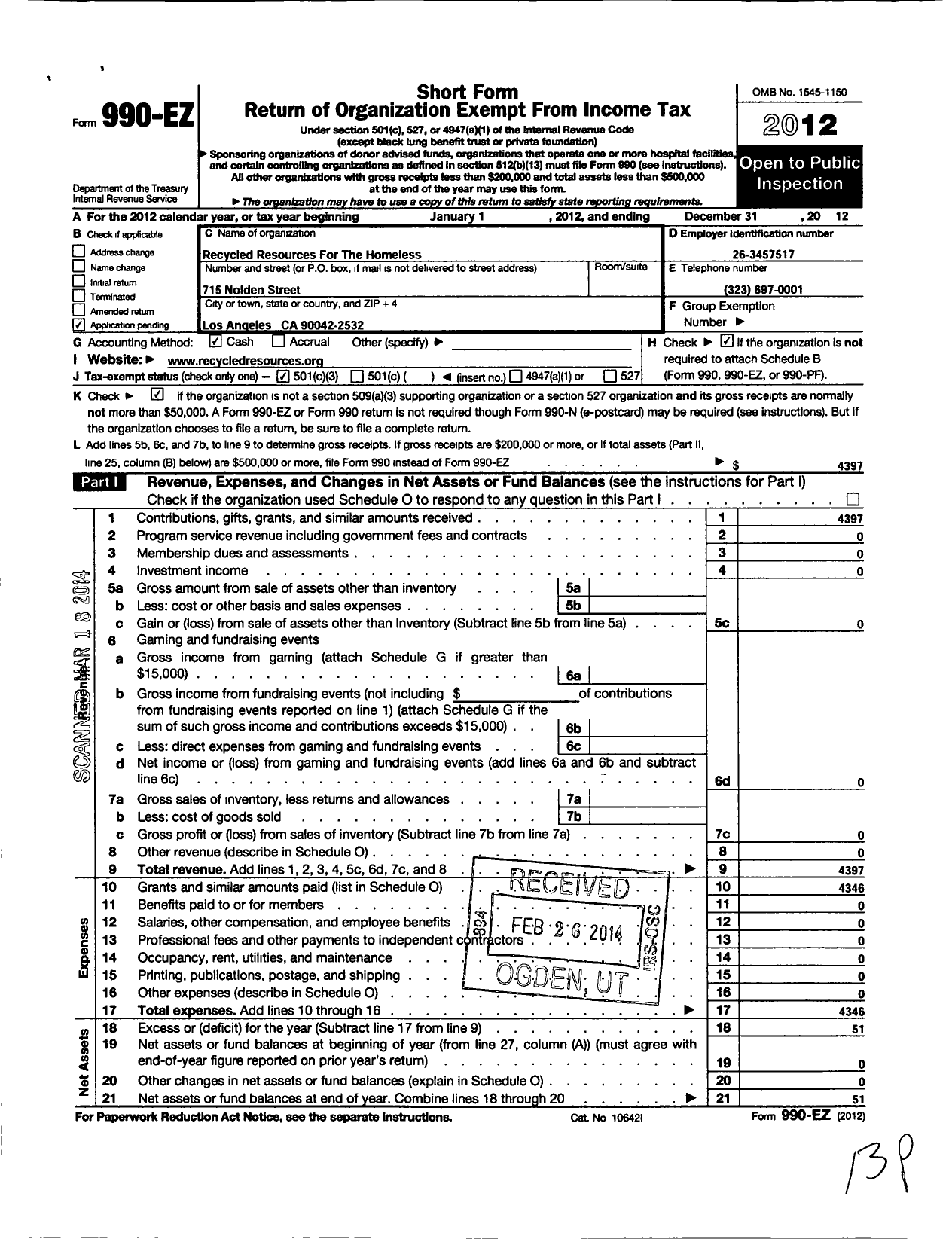 Image of first page of 2012 Form 990EZ for Recycled Resources for the Homeless