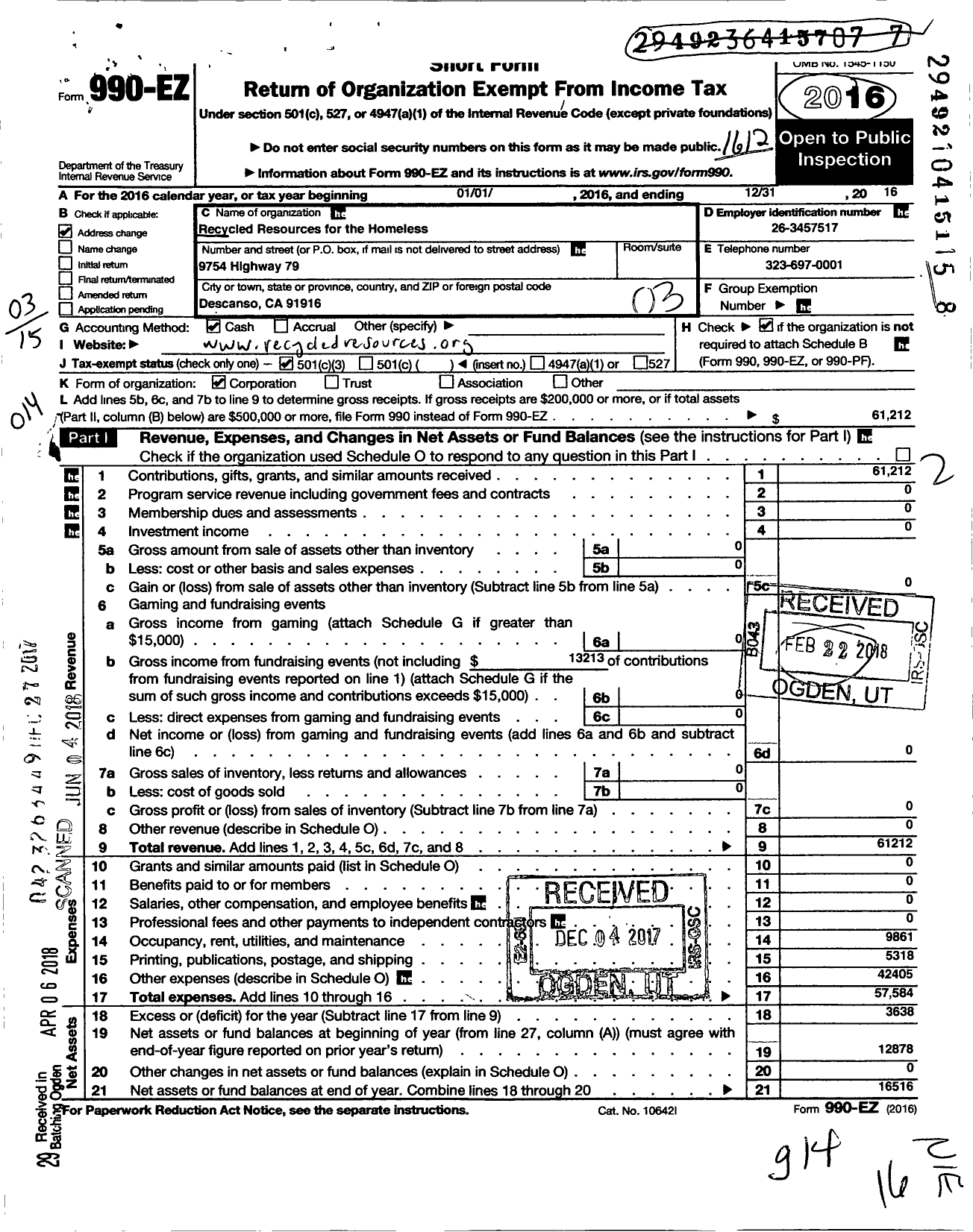 Image of first page of 2016 Form 990EZ for Recycled Resources for the Homeless