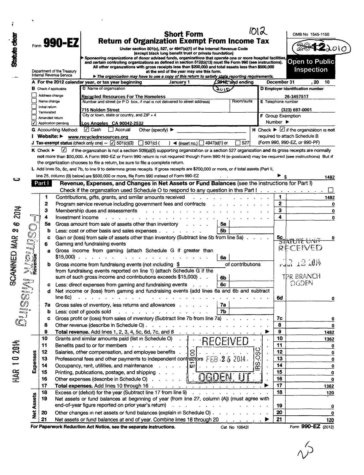 Image of first page of 2010 Form 990EZ for Recycled Resources for the Homeless