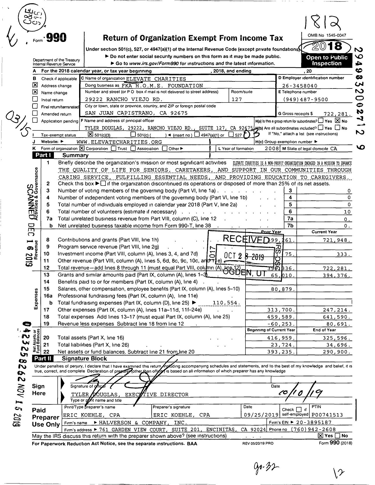 Image of first page of 2018 Form 990 for Elevate Charities