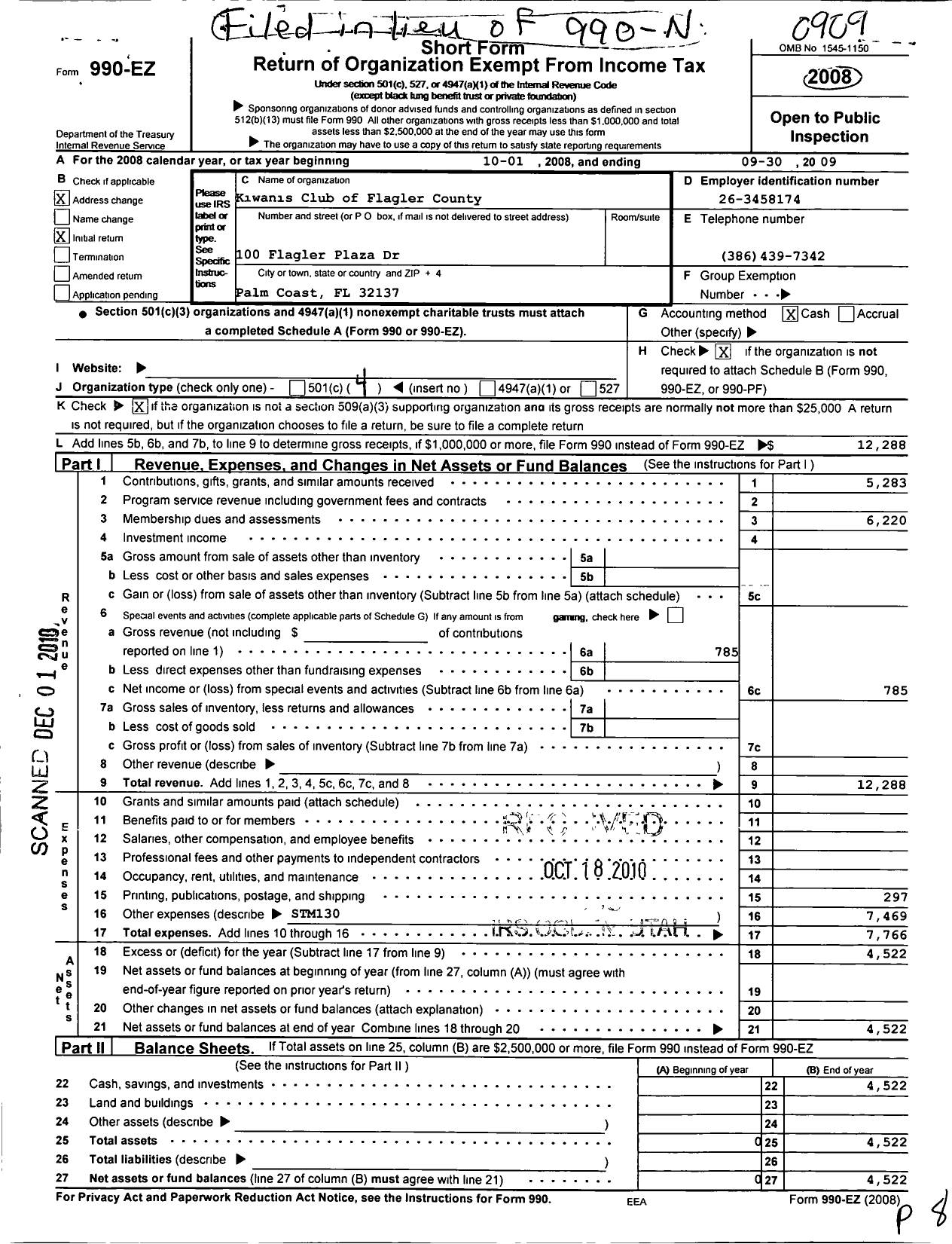 Image of first page of 2008 Form 990EO for Kiwanis Club of Flagler County