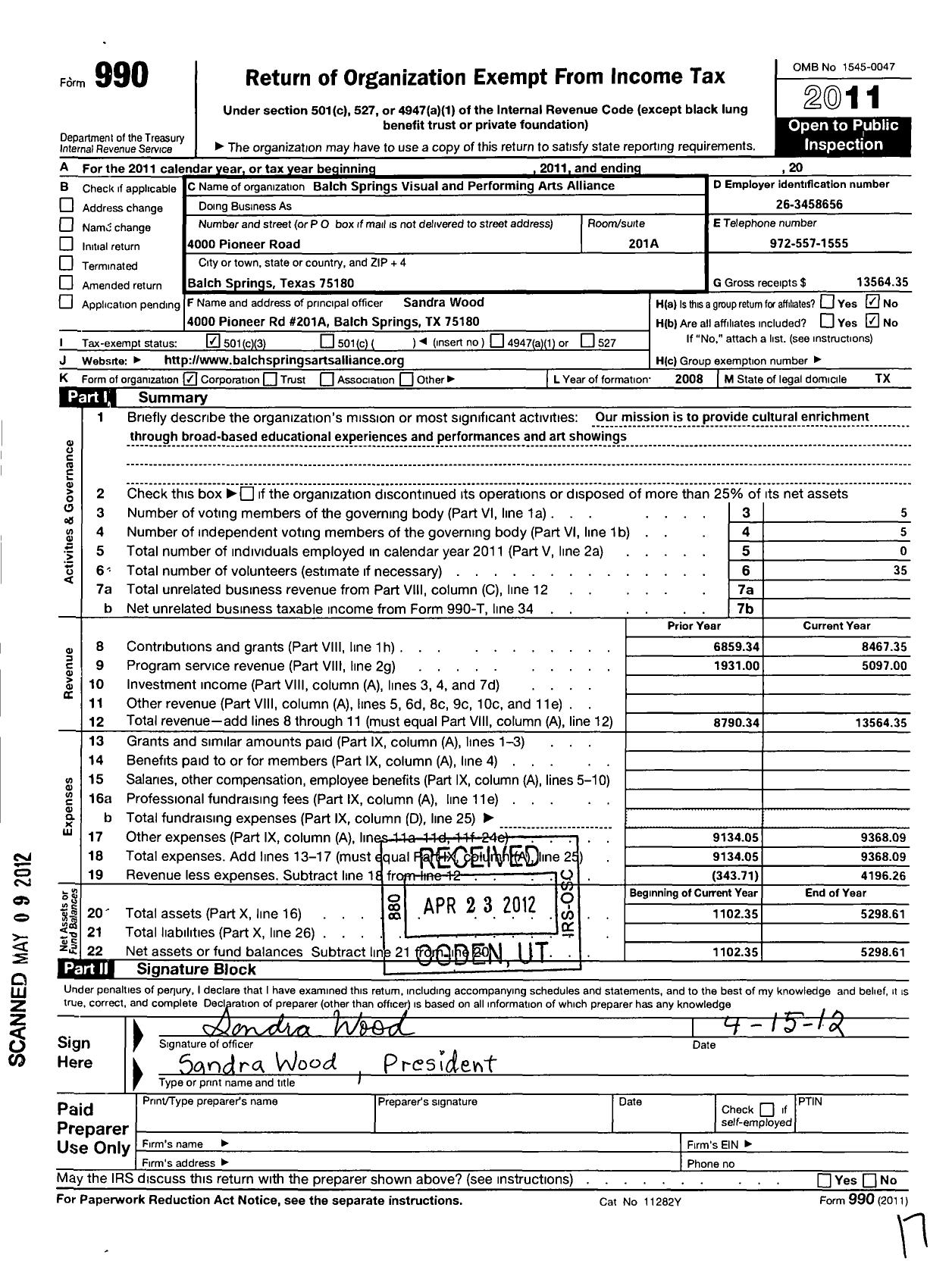 Image of first page of 2011 Form 990 for Balch Springs Visual and Performing Arts Alliance