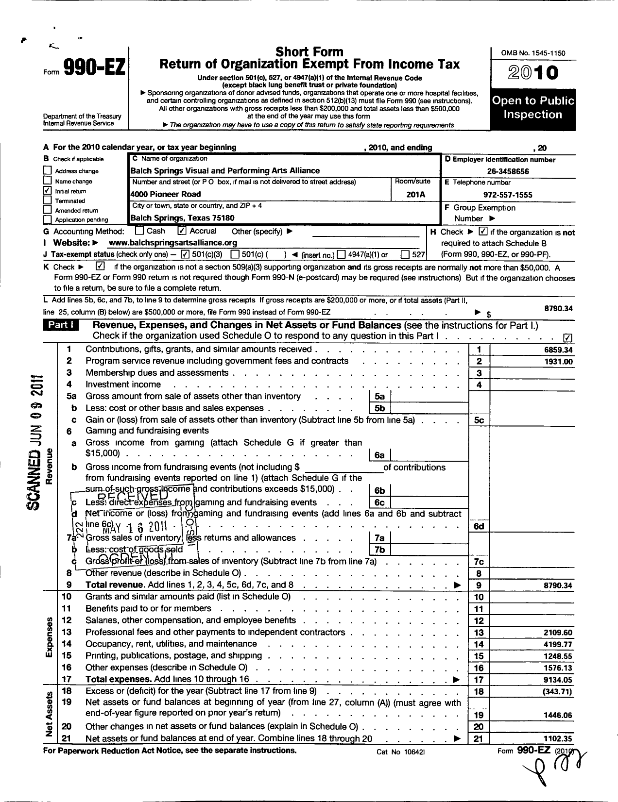 Image of first page of 2010 Form 990EZ for Balch Springs Visual and Performing Arts Alliance