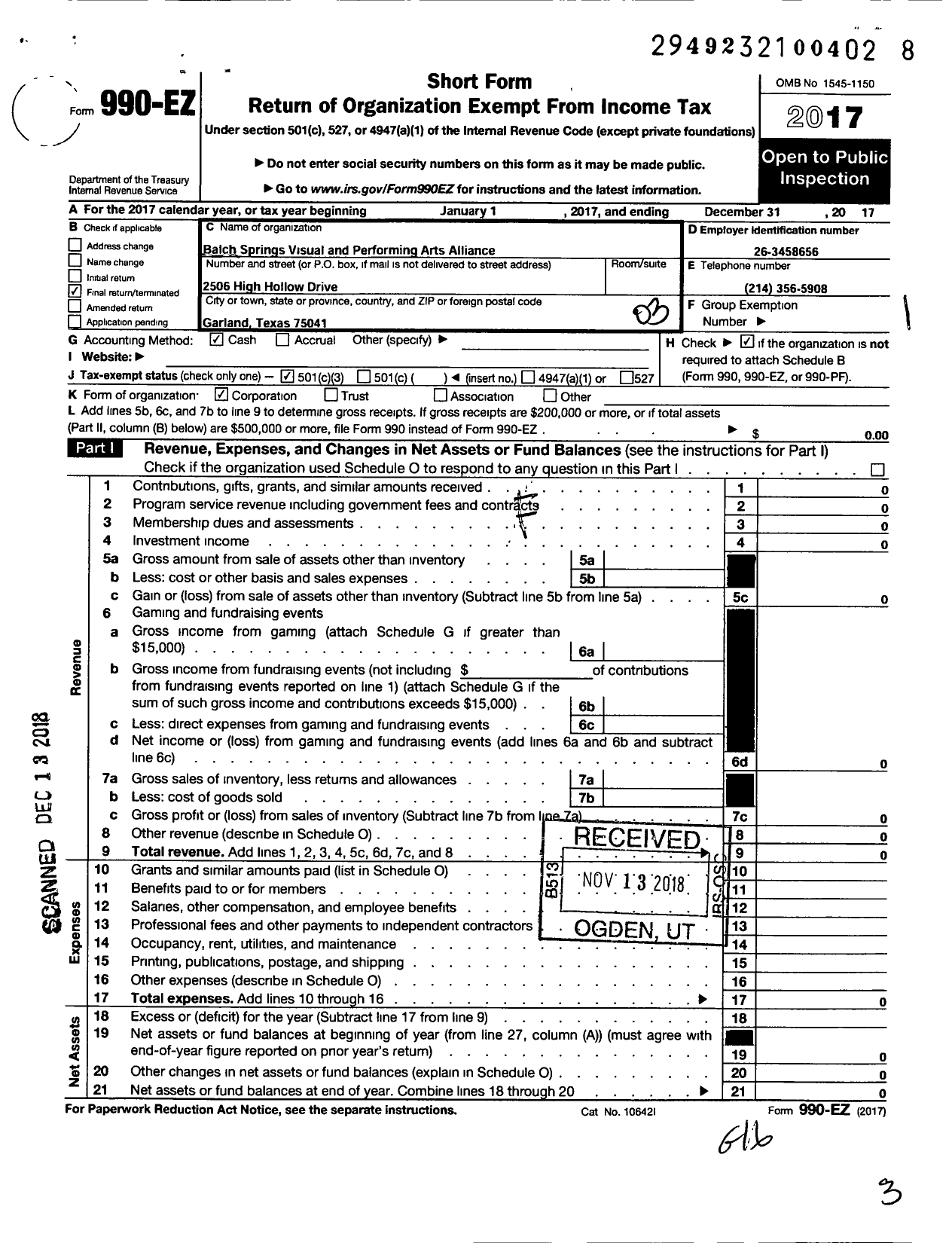 Image of first page of 2017 Form 990EZ for Balch Springs Visual and Performing Arts Alliance