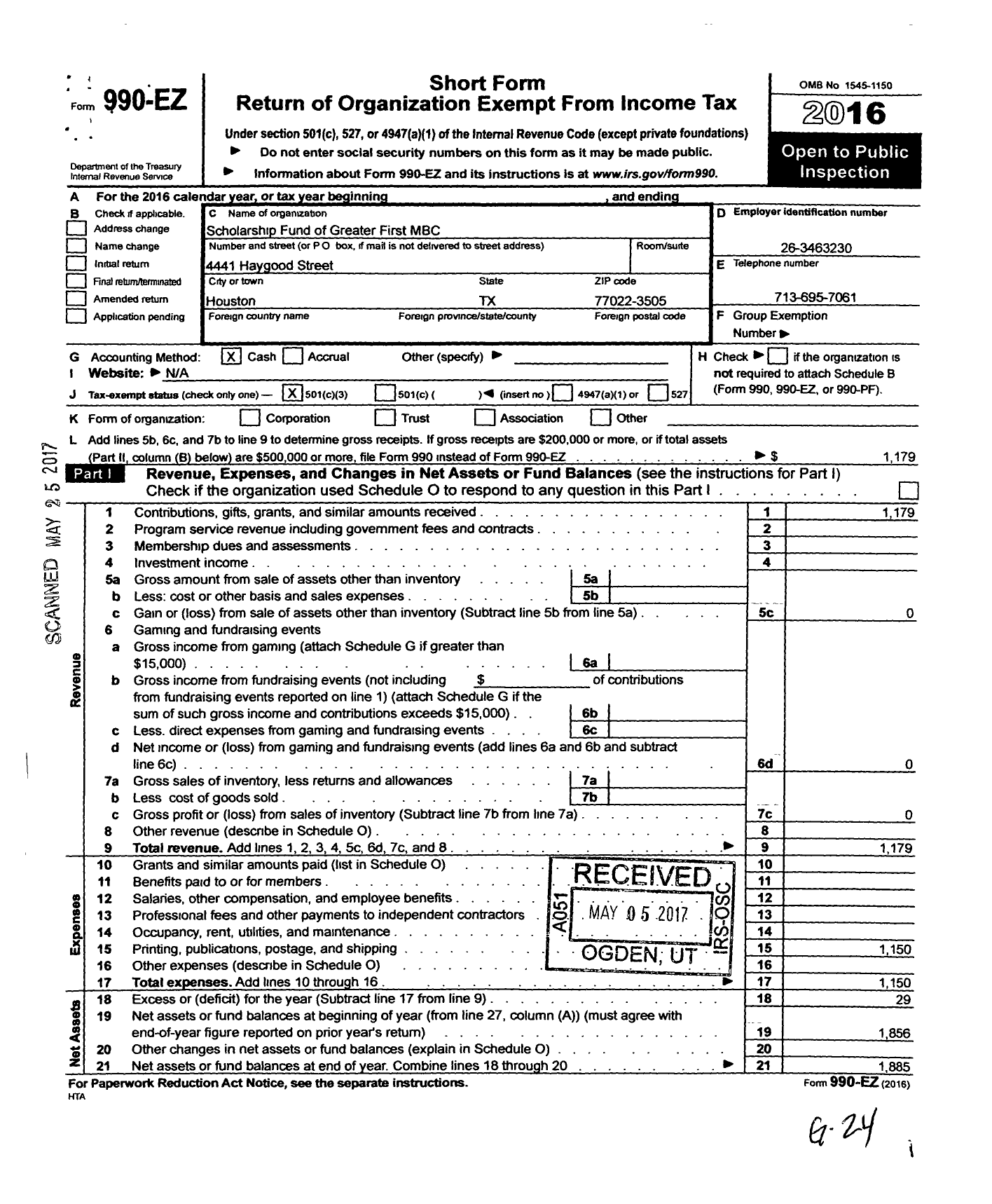 Image of first page of 2016 Form 990EZ for Scholarship Fund of Greater First MBC