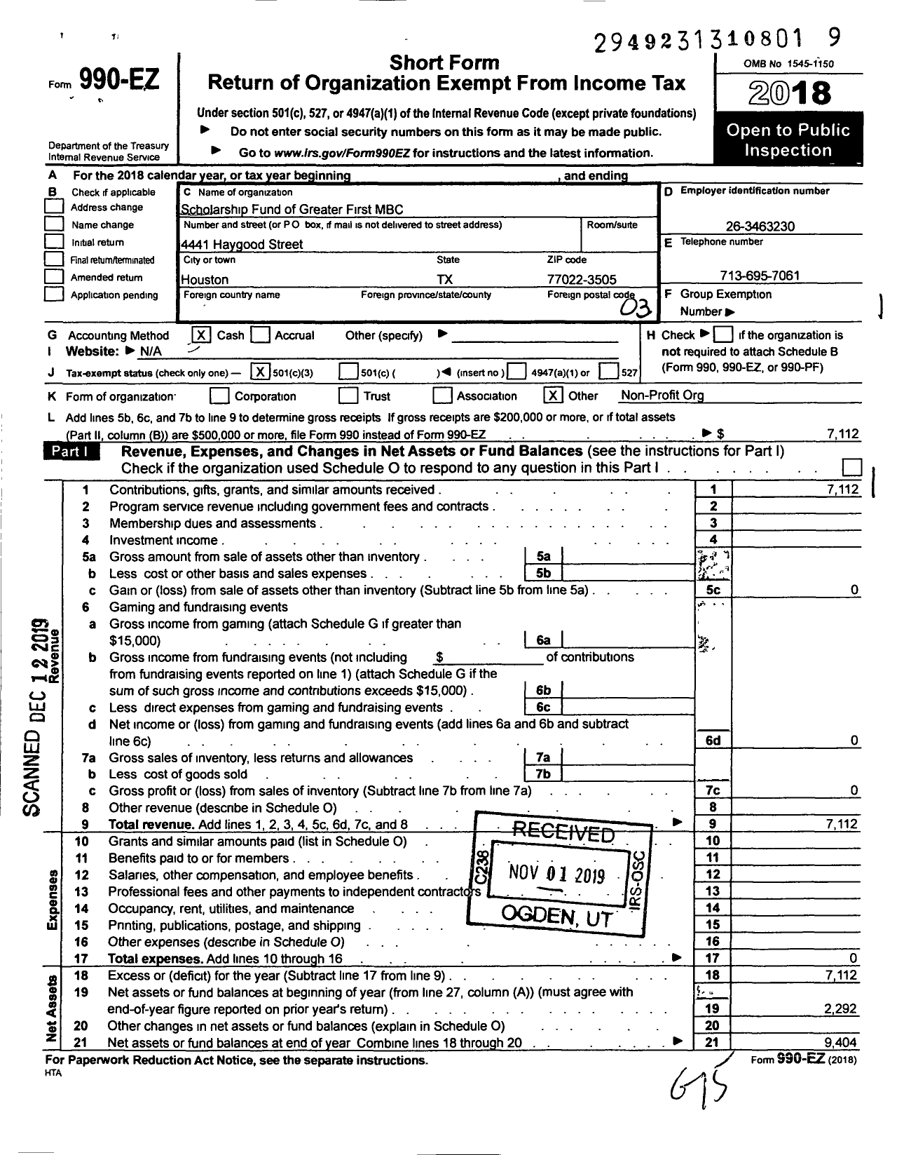 Image of first page of 2018 Form 990EZ for Scholarship Fund of Greater First MBC