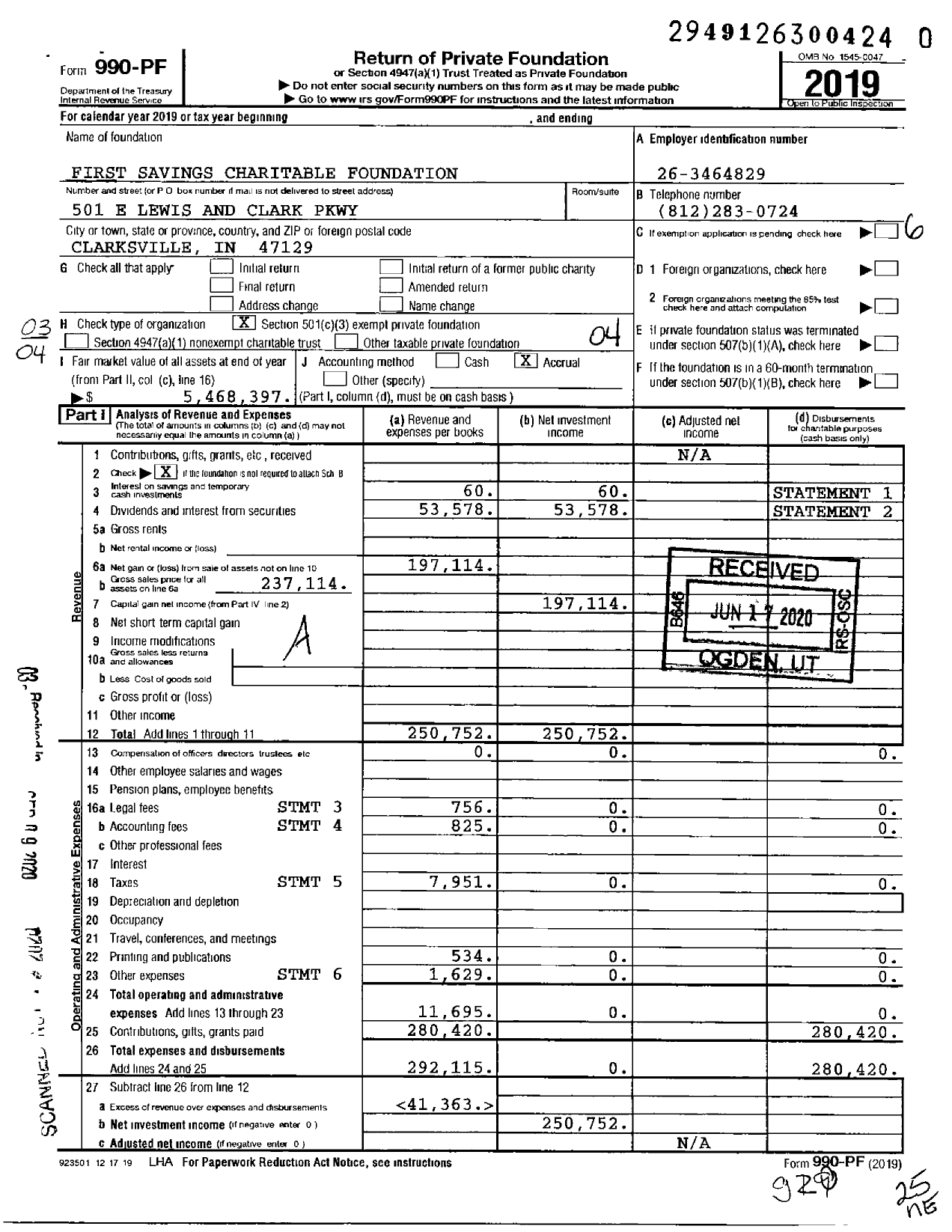 Image of first page of 2019 Form 990PF for First Savings Charitable Foundation