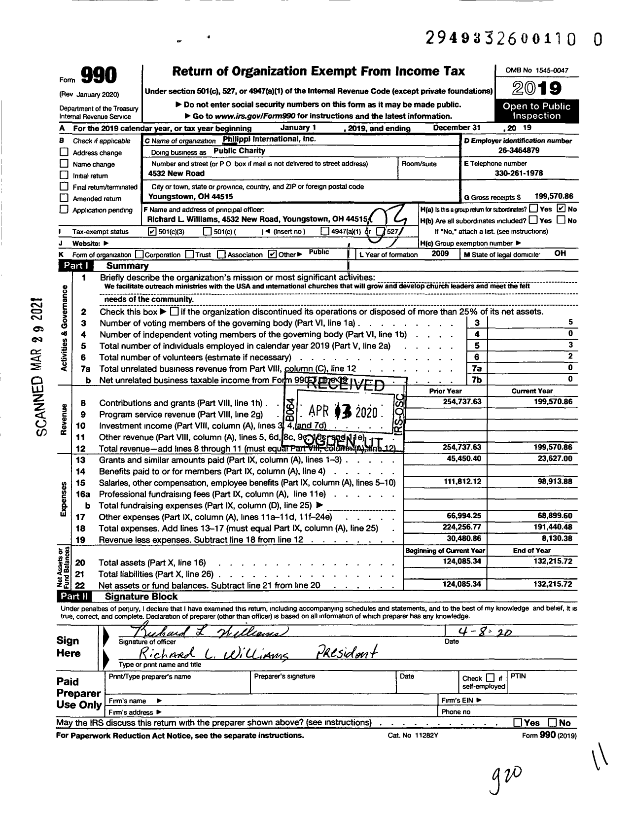 Image of first page of 2019 Form 990 for Public Charity / Philippi International Inc