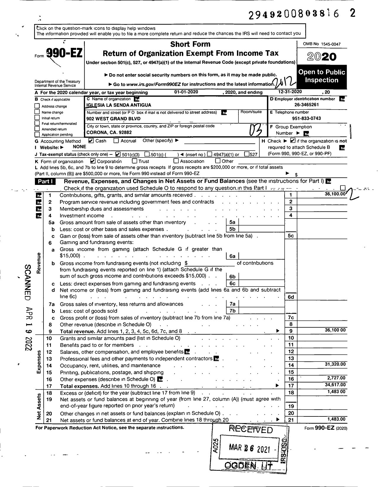 Image of first page of 2020 Form 990EZ for Iglesia La Senda Antigua