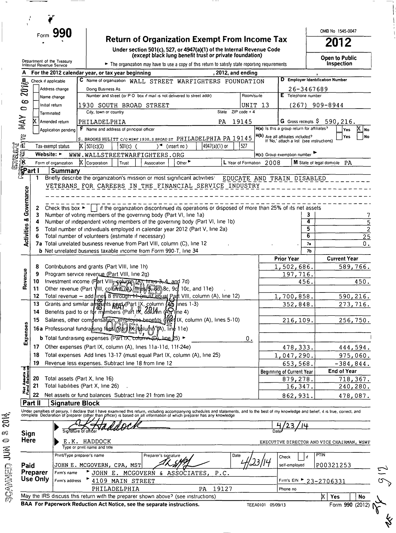 Image of first page of 2012 Form 990 for Wall Street Warfighters Foundation