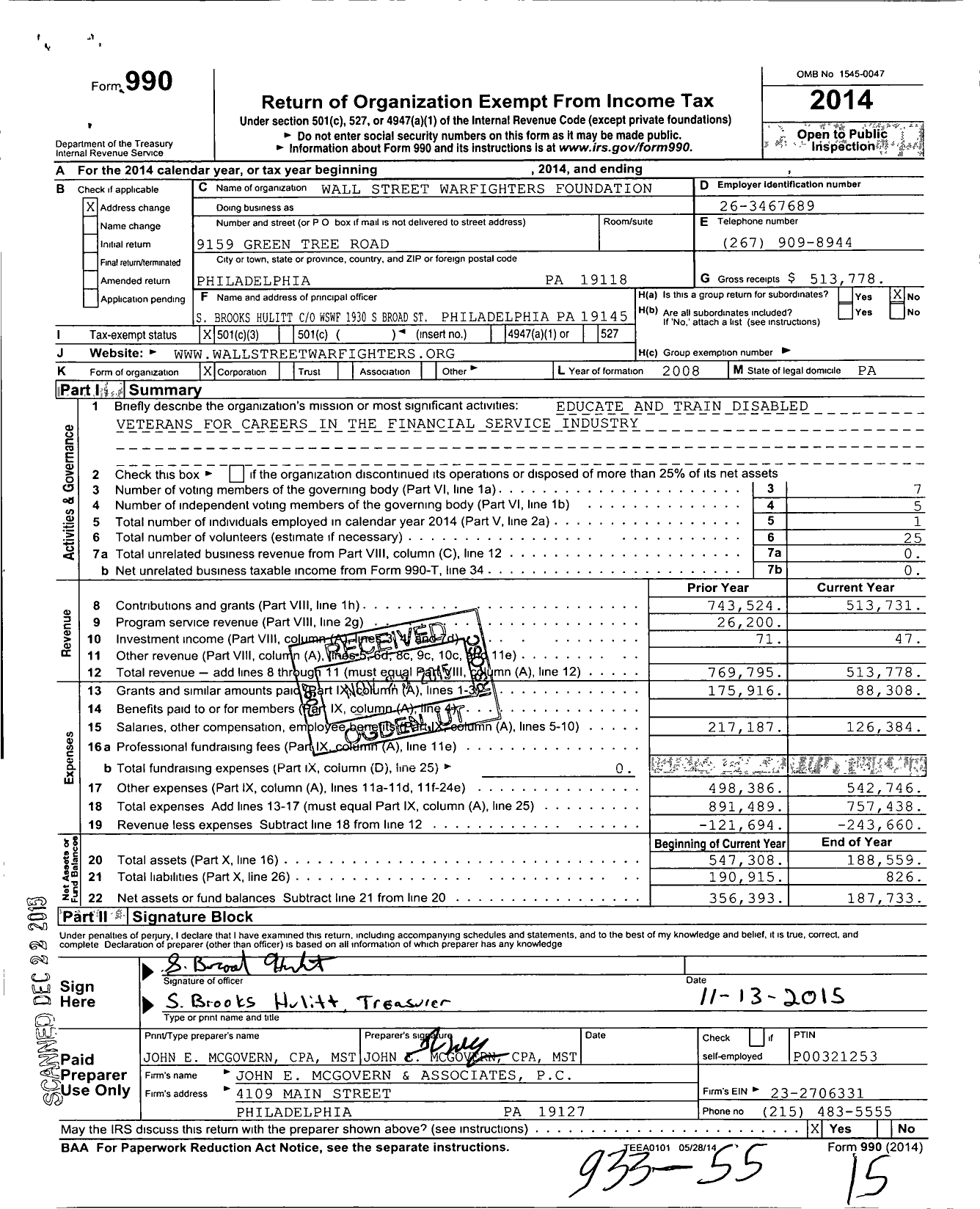 Image of first page of 2014 Form 990 for Wall Street Warfighters Foundation