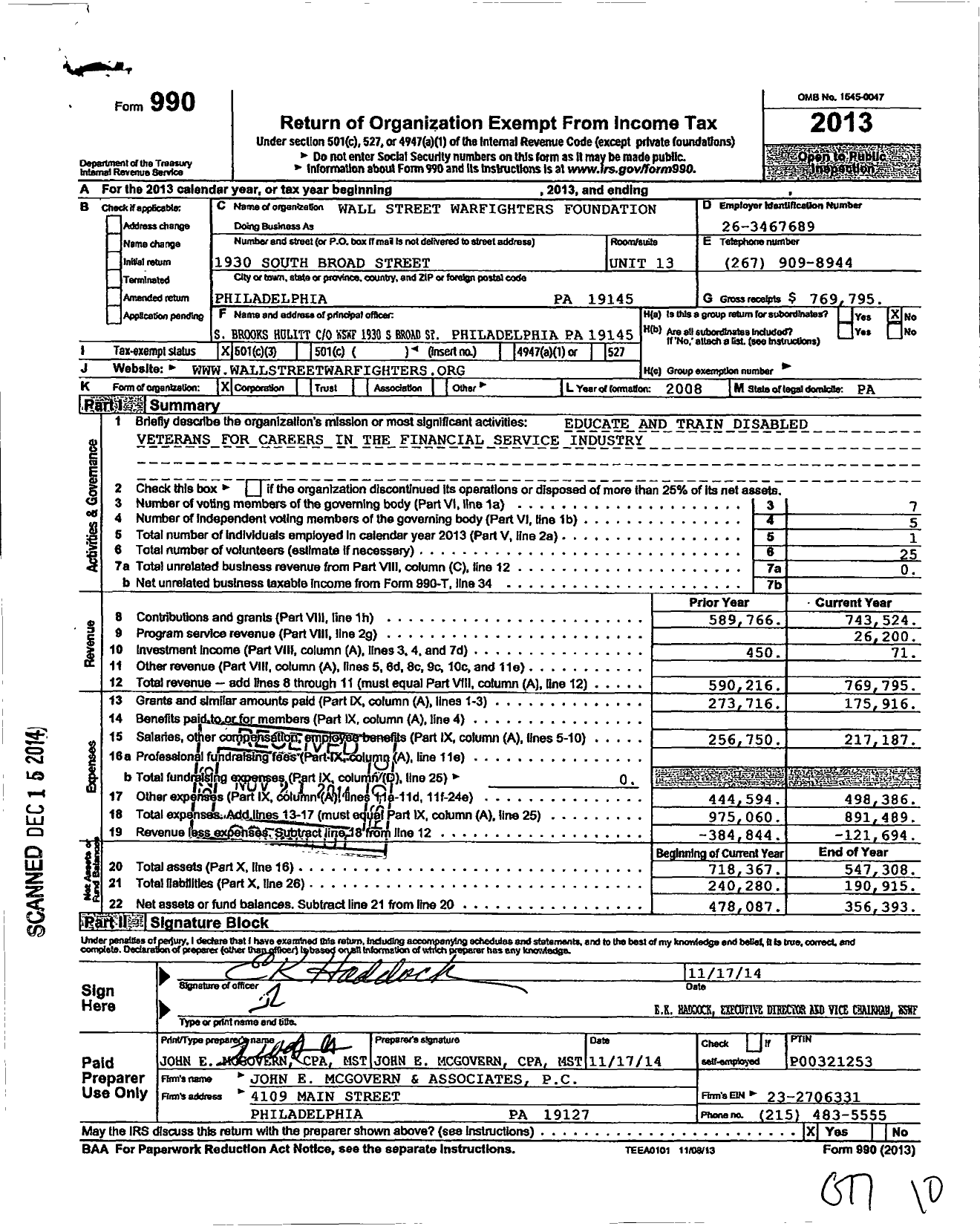 Image of first page of 2013 Form 990 for Wall Street Warfighters Foundation