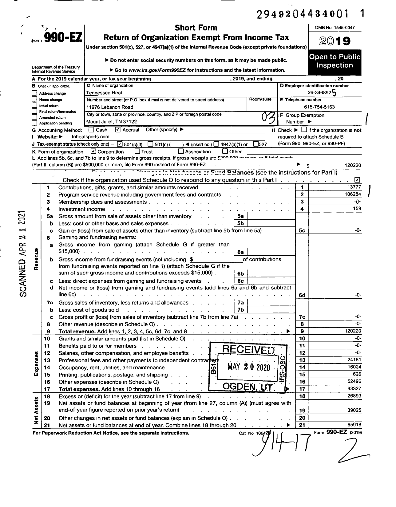 Image of first page of 2019 Form 990EZ for Tennessee Heat Sports