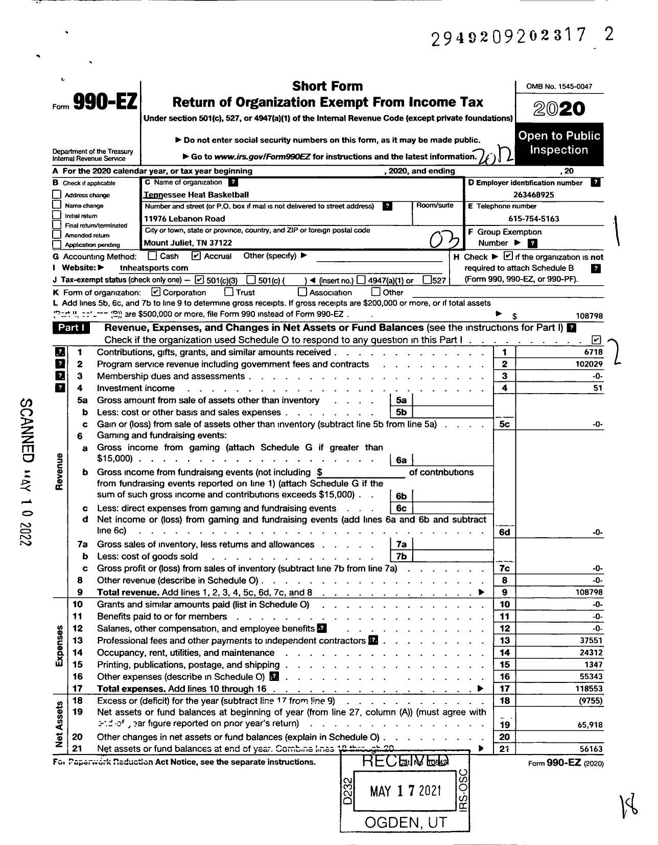 Image of first page of 2020 Form 990EZ for Tennessee Heat Sports