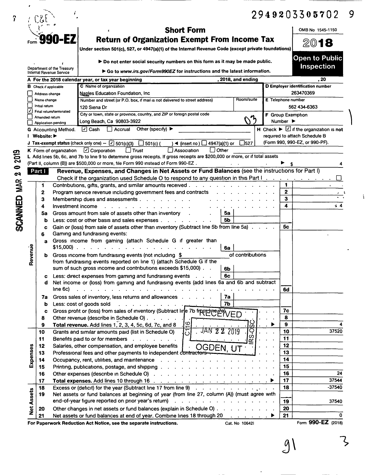 Image of first page of 2018 Form 990EZ for Naples Education Foundation