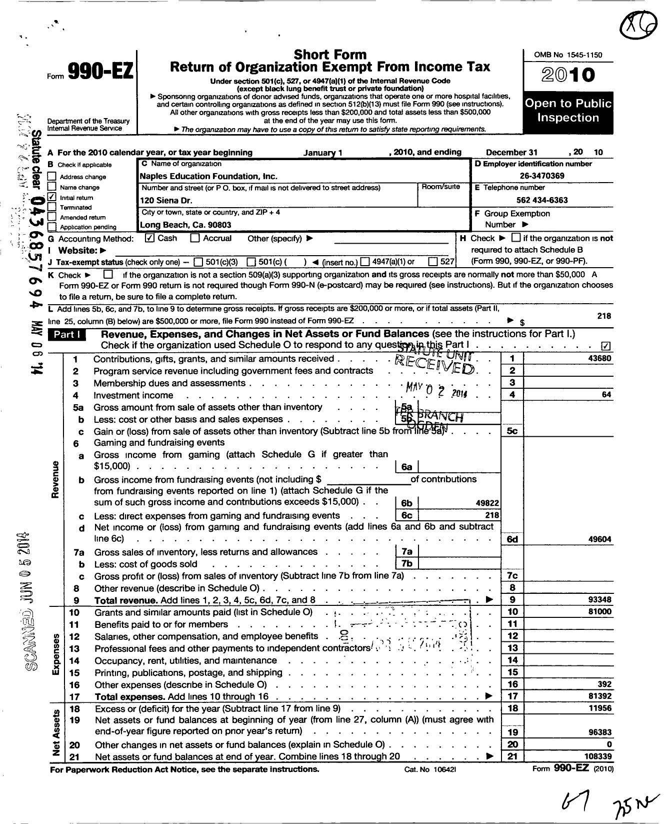 Image of first page of 2010 Form 990EO for Naples Education Foundation