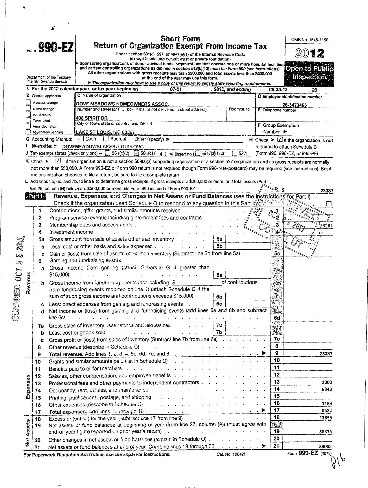 Image of first page of 2012 Form 990EO for Dove Meadows Homeowners Association
