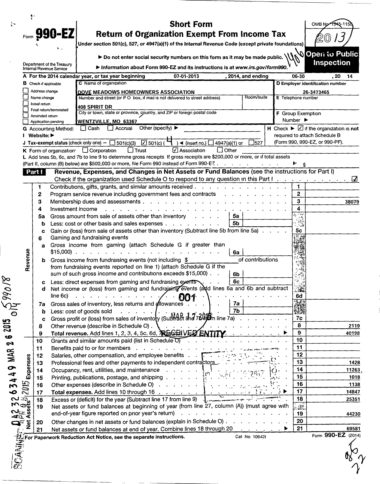 Image of first page of 2013 Form 990EO for Dove Meadows Homeowners Association