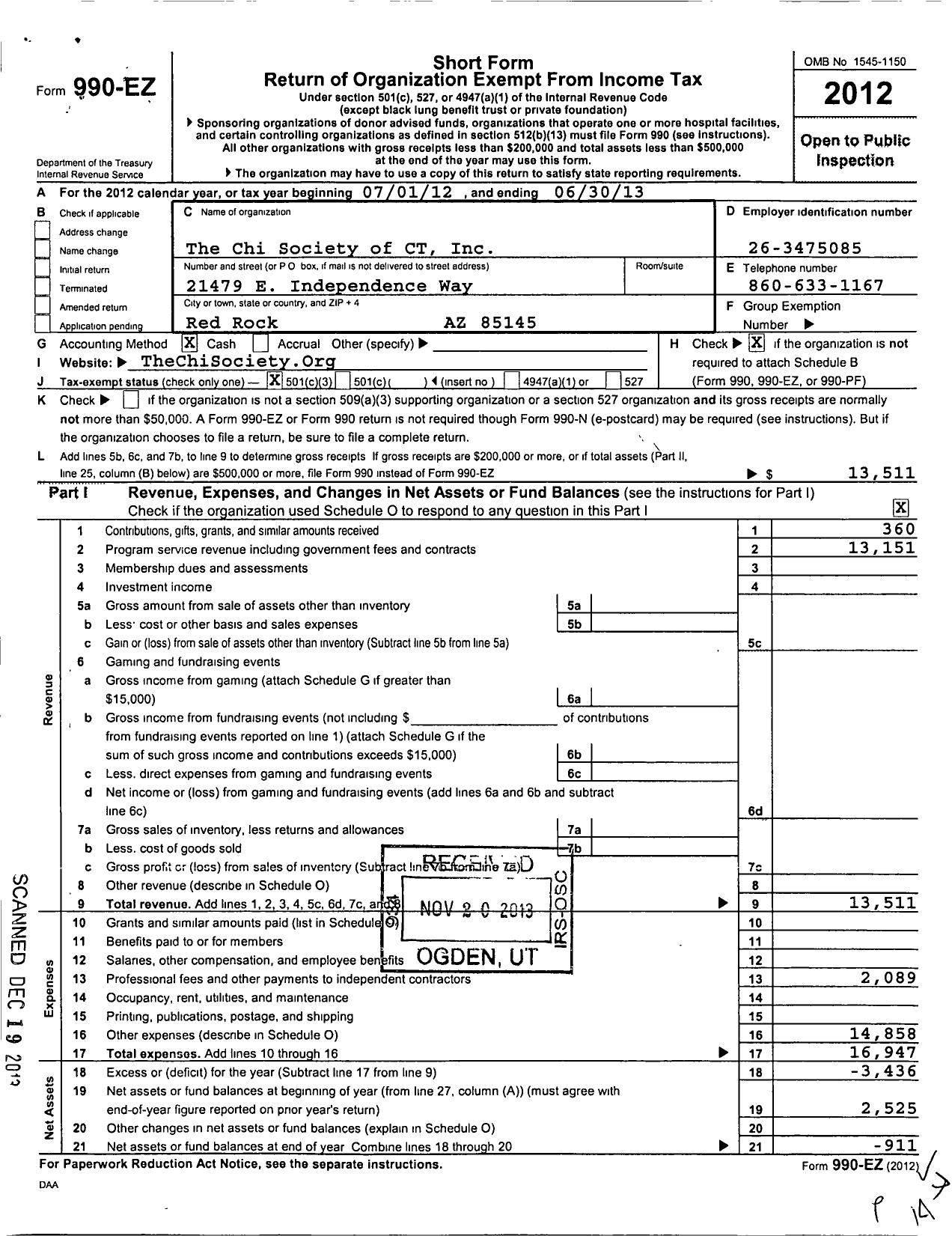 Image of first page of 2012 Form 990EZ for Chi Society of CT