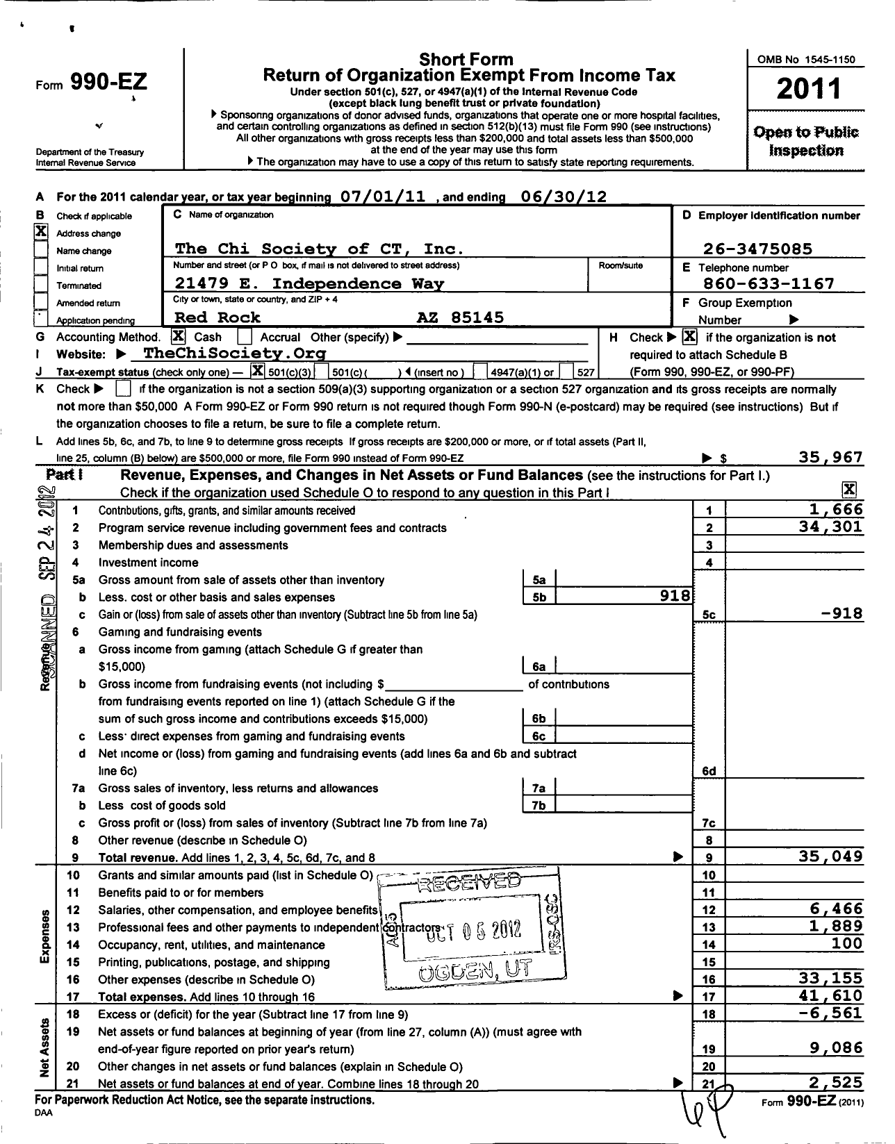 Image of first page of 2011 Form 990EZ for Chi Society of CT