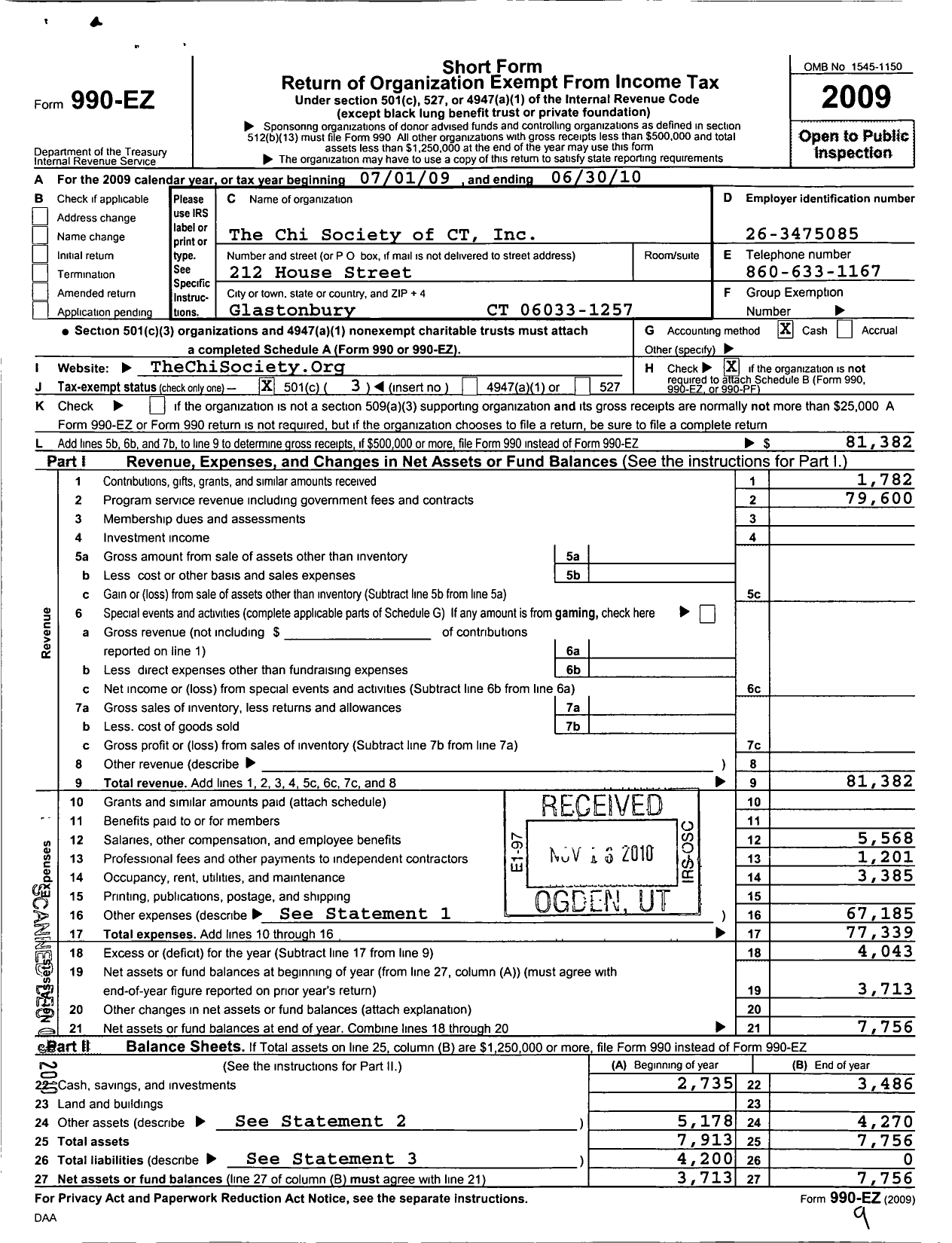 Image of first page of 2009 Form 990EZ for Chi Society of CT