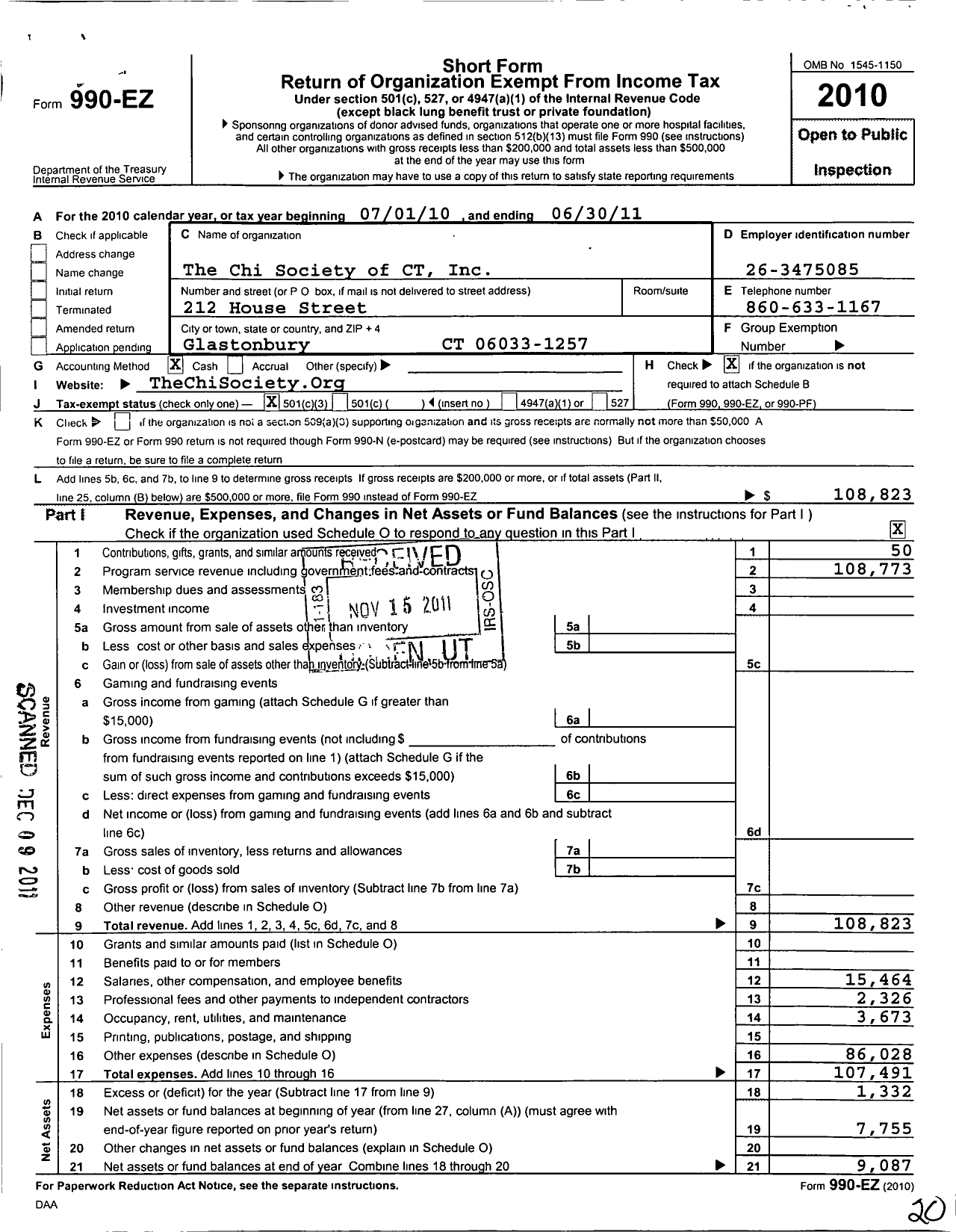 Image of first page of 2010 Form 990EZ for Chi Society of CT