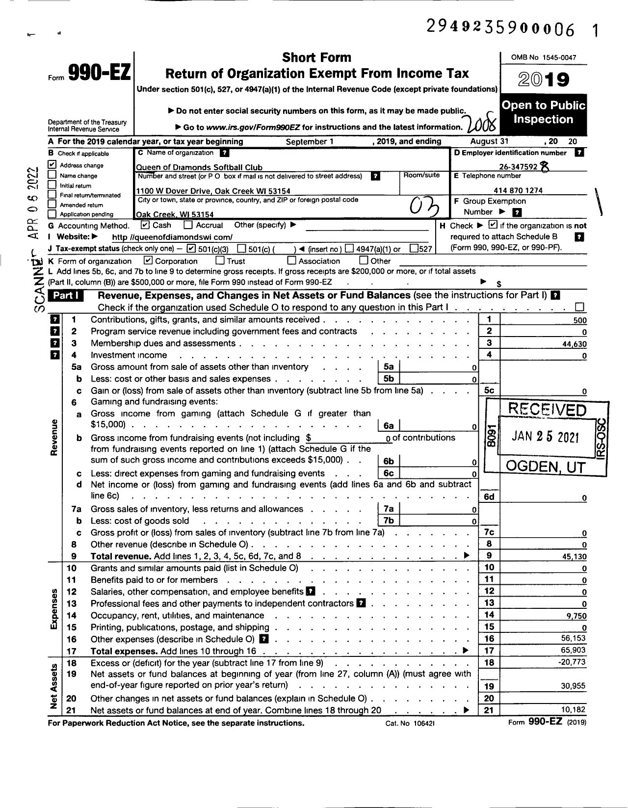 Image of first page of 2019 Form 990EZ for Oak Creek Queen of Diamonds