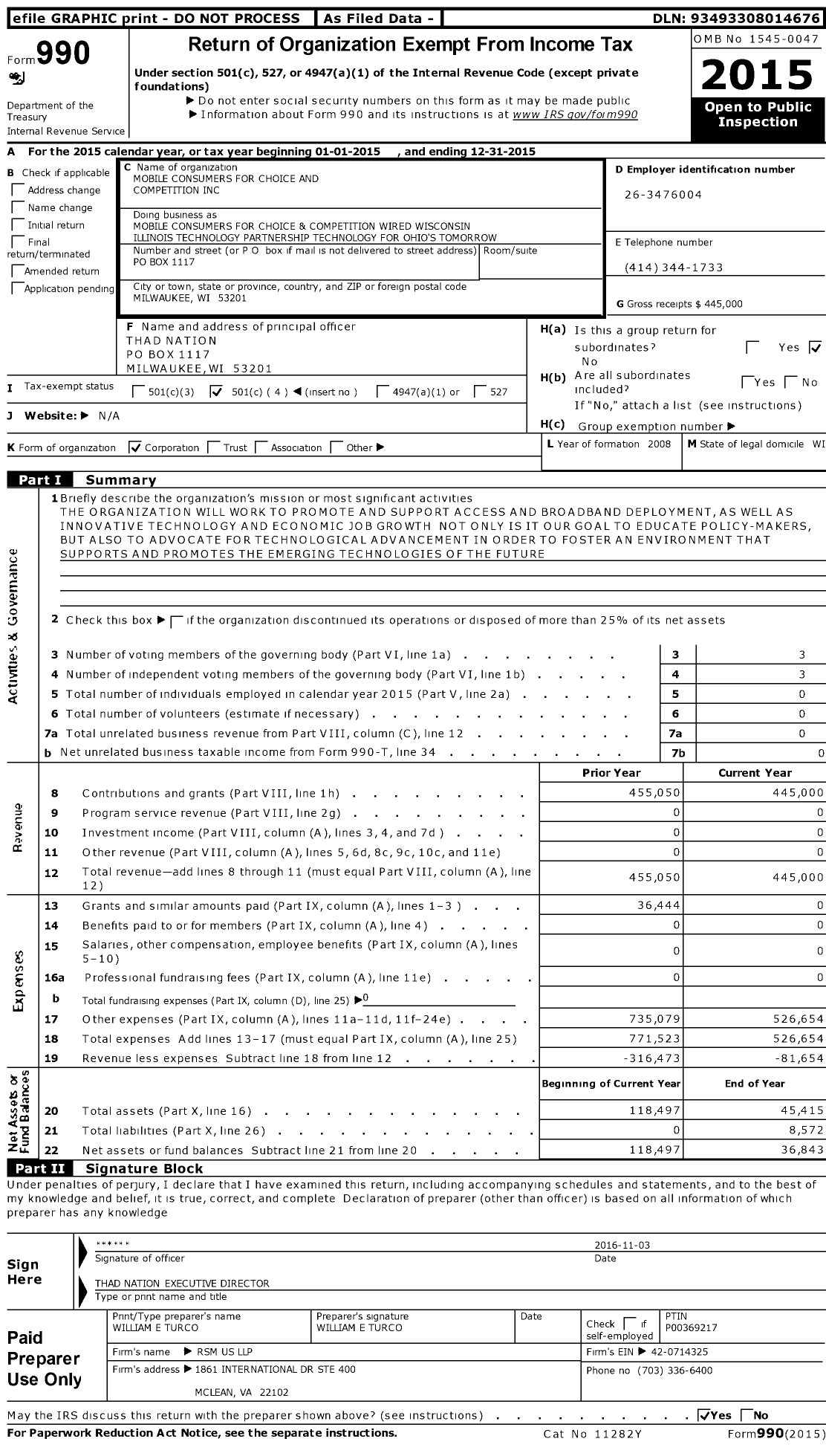 Image of first page of 2015 Form 990O for Mobile Consumers for Choice and Competition