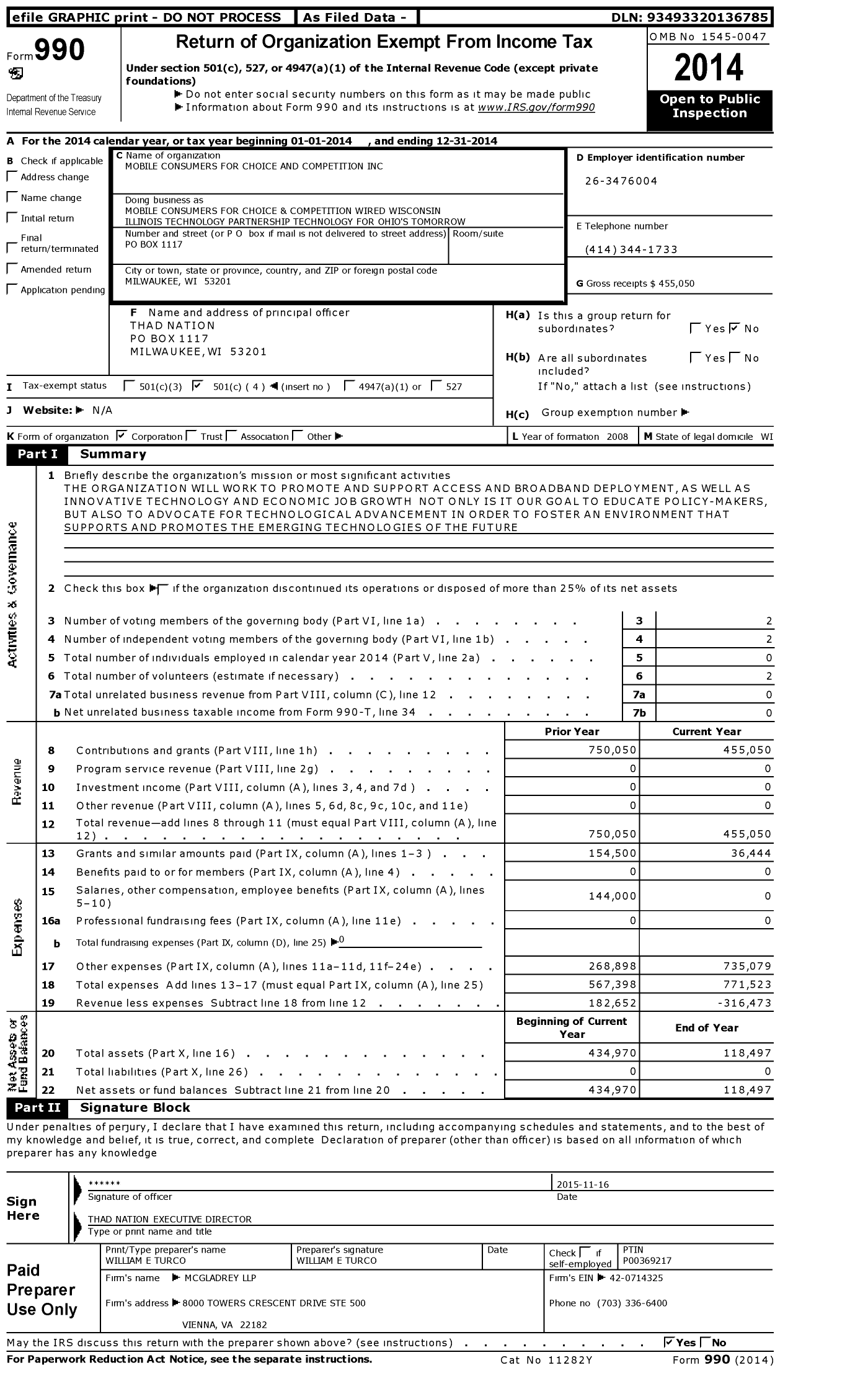 Image of first page of 2014 Form 990O for Mobile Consumers for Choice and Competition