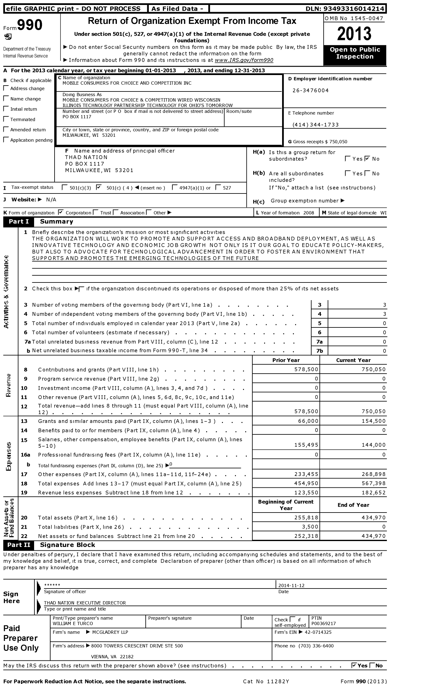 Image of first page of 2013 Form 990O for Mobile Consumers for Choice and Competition