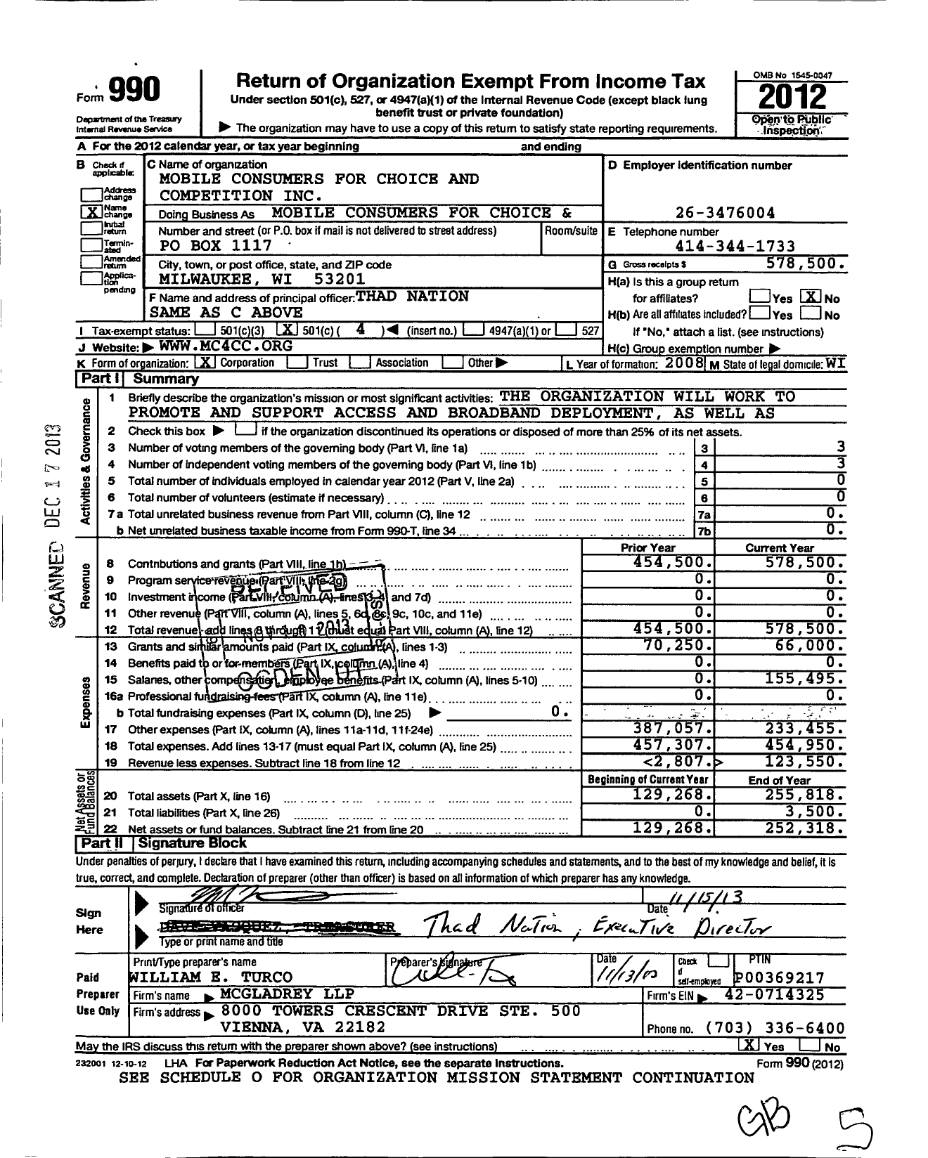 Image of first page of 2012 Form 990O for Mobile Consumers for Choice and Competition