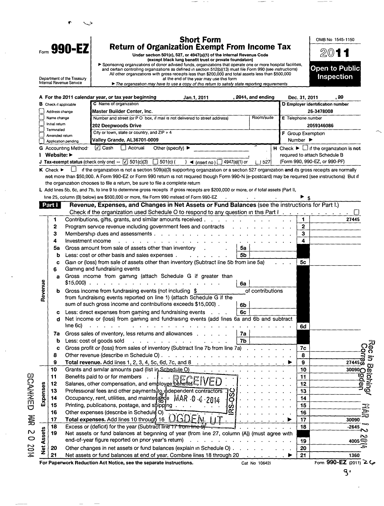 Image of first page of 2011 Form 990EZ for Master Builder Center