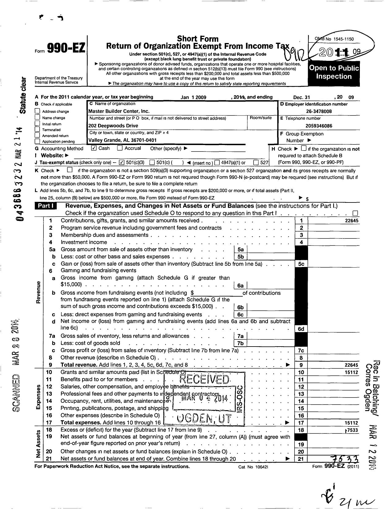 Image of first page of 2009 Form 990EZ for Master Builder Center