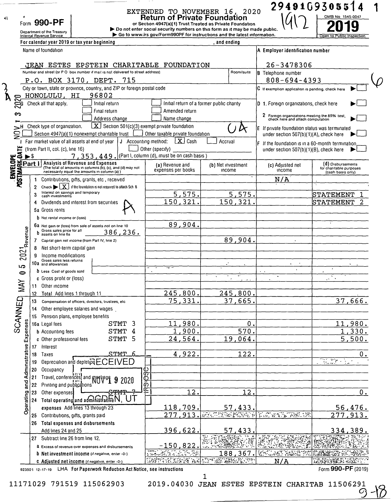 Image of first page of 2019 Form 990PF for Jean Estes Epstein Charitable Foundation