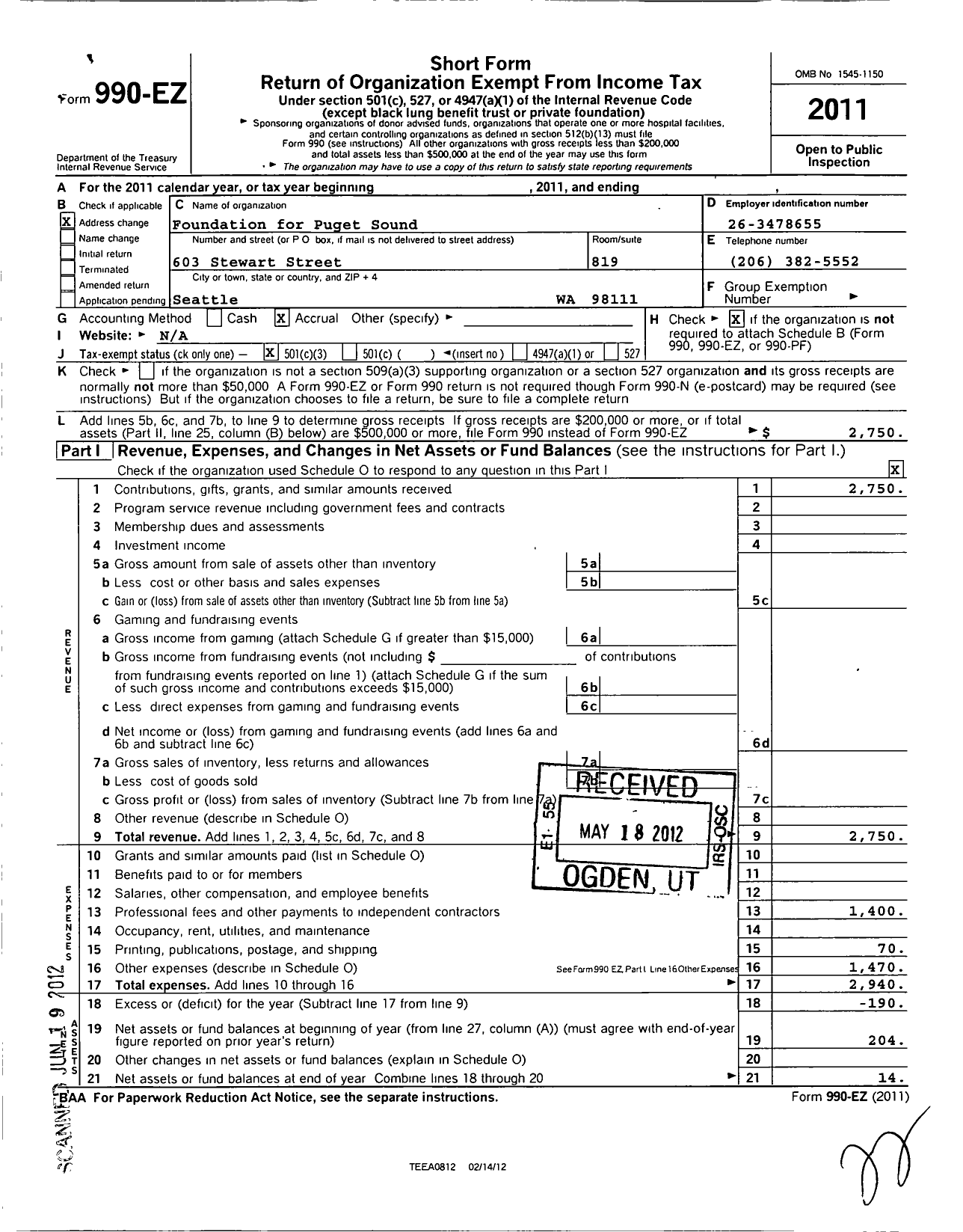 Image of first page of 2011 Form 990EZ for Foundation for Puget Sound