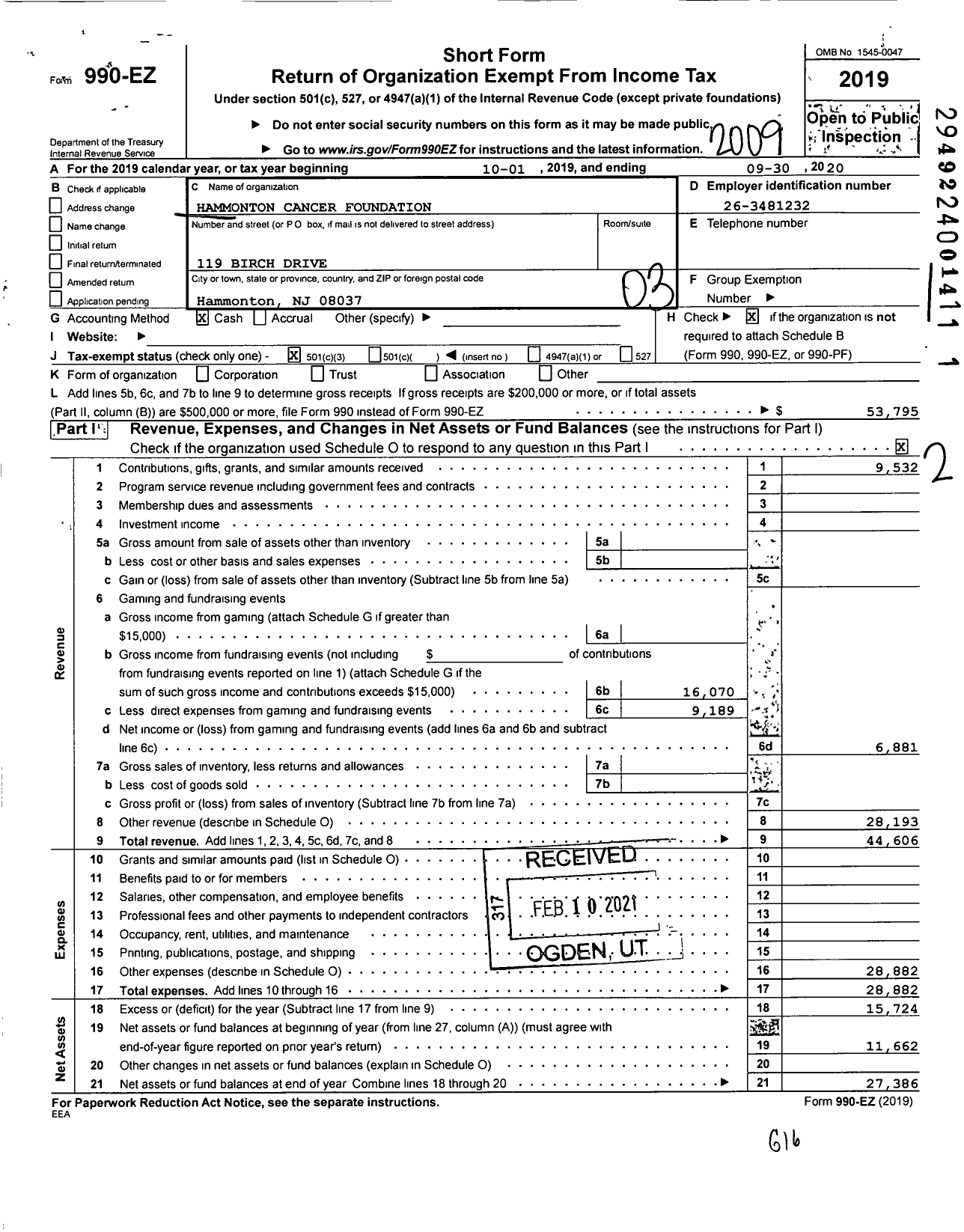 Image of first page of 2019 Form 990EZ for Hammonton Cancer Foundation