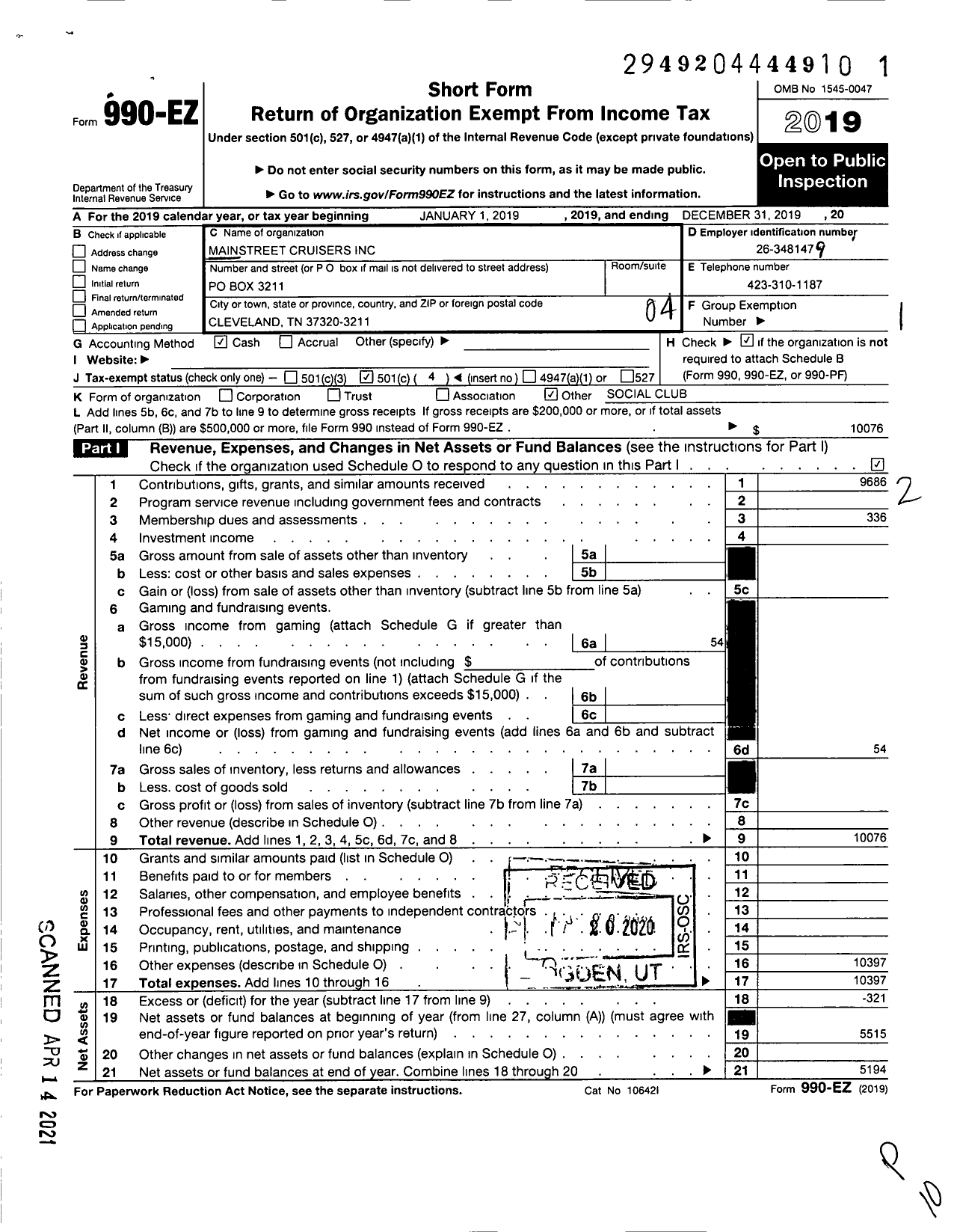 Image of first page of 2019 Form 990EO for Mainstreet Cruisers