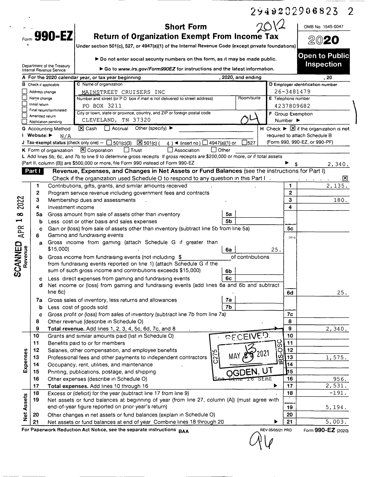 Image of first page of 2020 Form 990EO for Mainstreet Cruisers