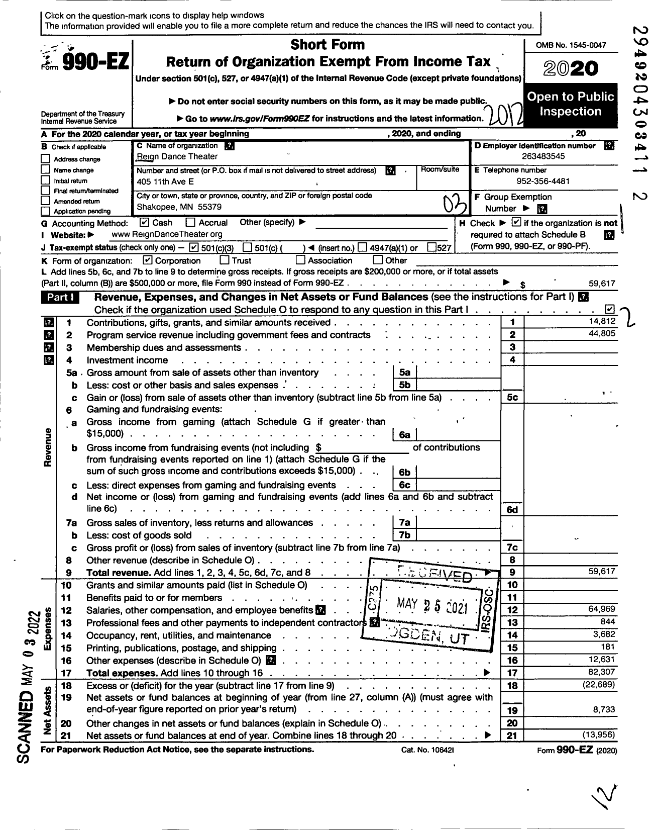 Image of first page of 2020 Form 990EZ for Reign Dance Theater