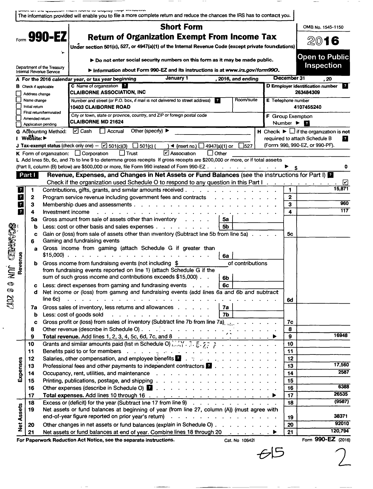 Image of first page of 2016 Form 990EZ for Claiborne Association