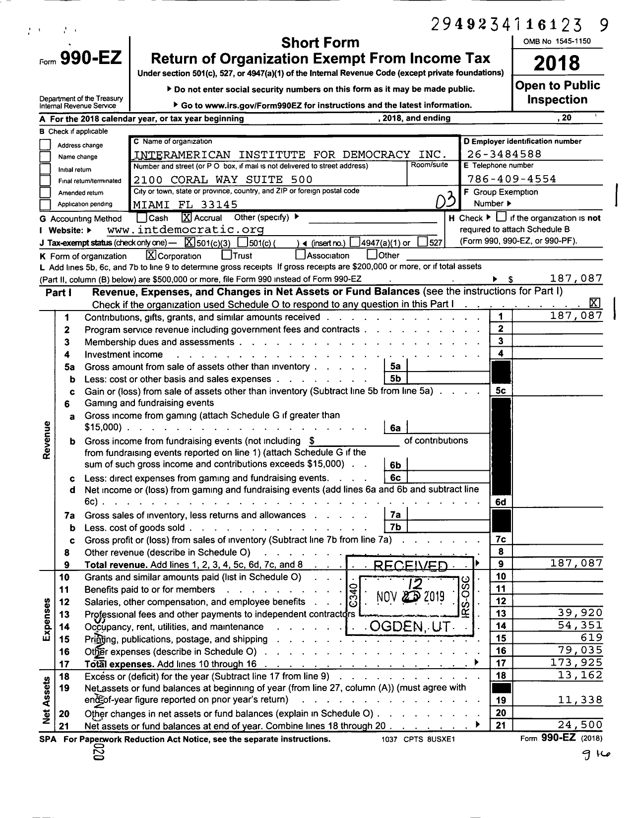 Image of first page of 2018 Form 990EZ for Interamerican Institute for Democracy