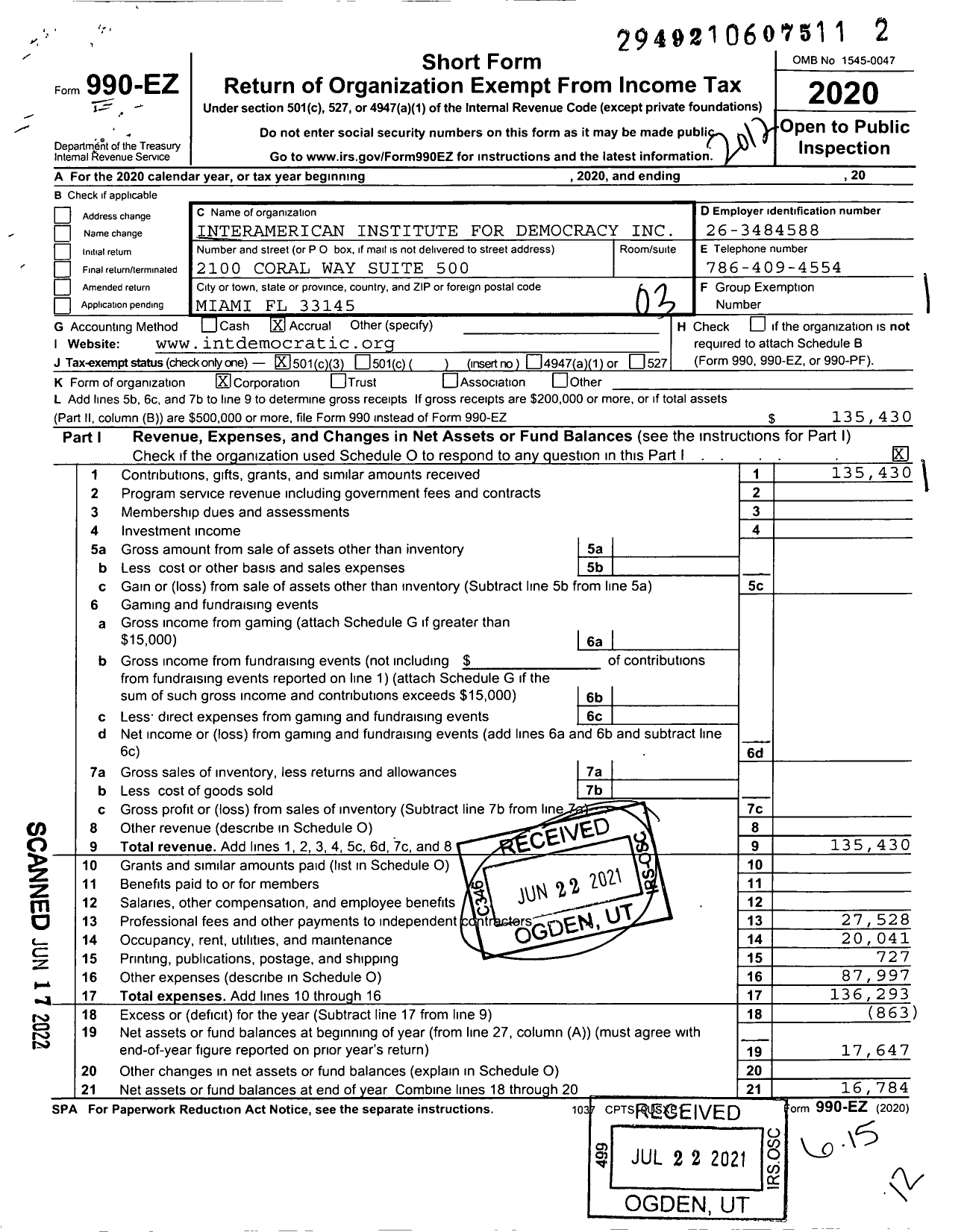 Image of first page of 2020 Form 990EZ for Interamerican Institute for Democracy