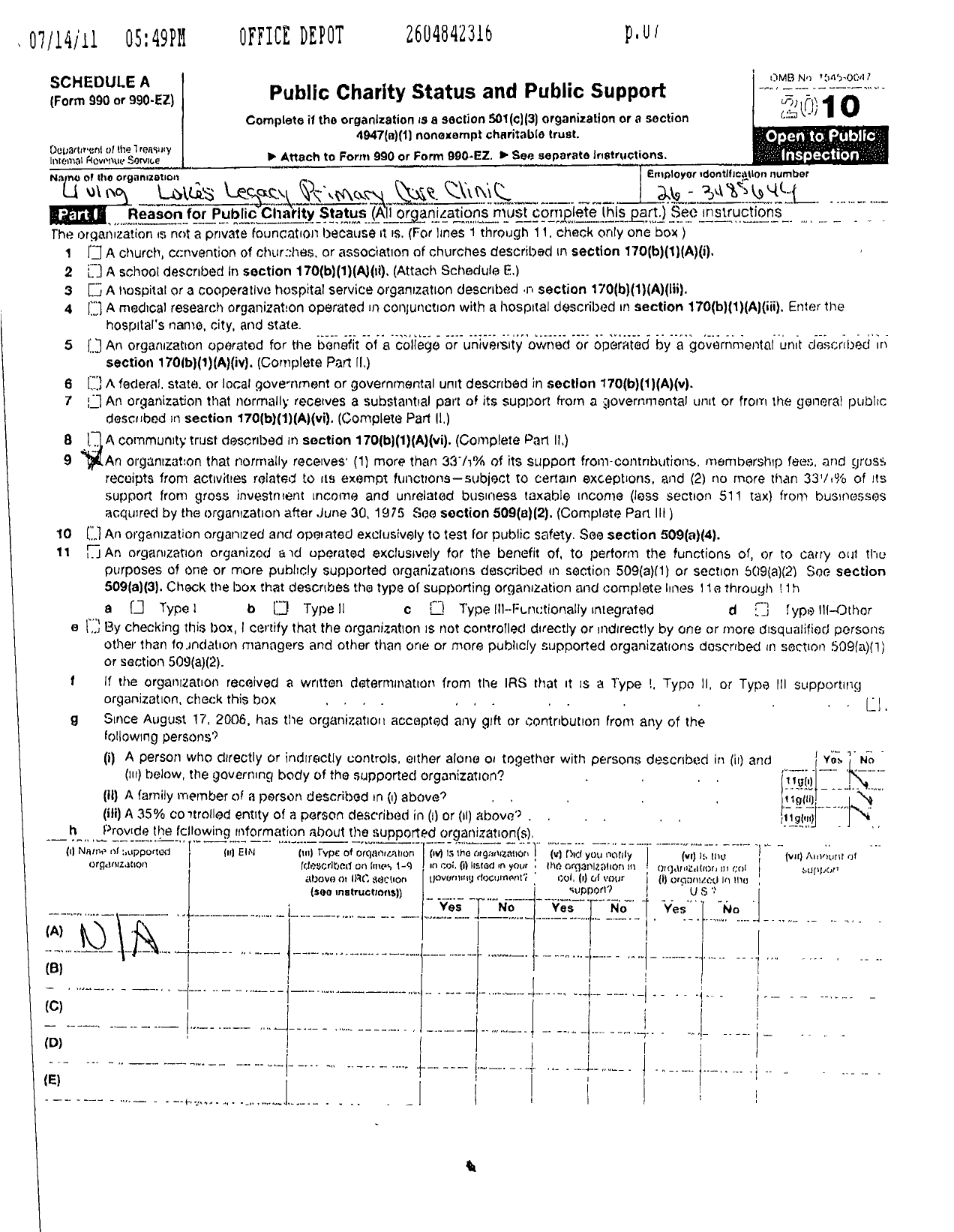 Image of first page of 2010 Form 990ER for Living Lukes Legacy