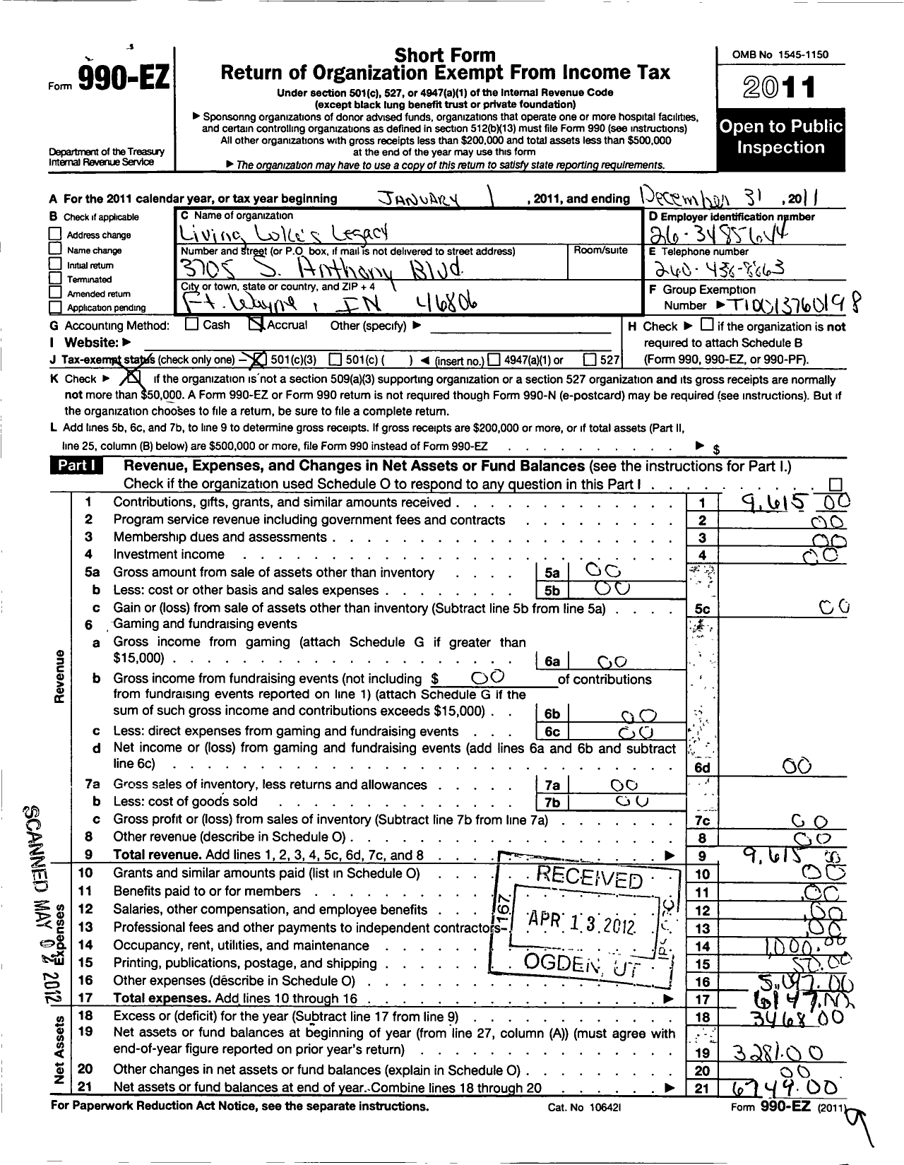 Image of first page of 2011 Form 990EZ for Living Lukes Legacy