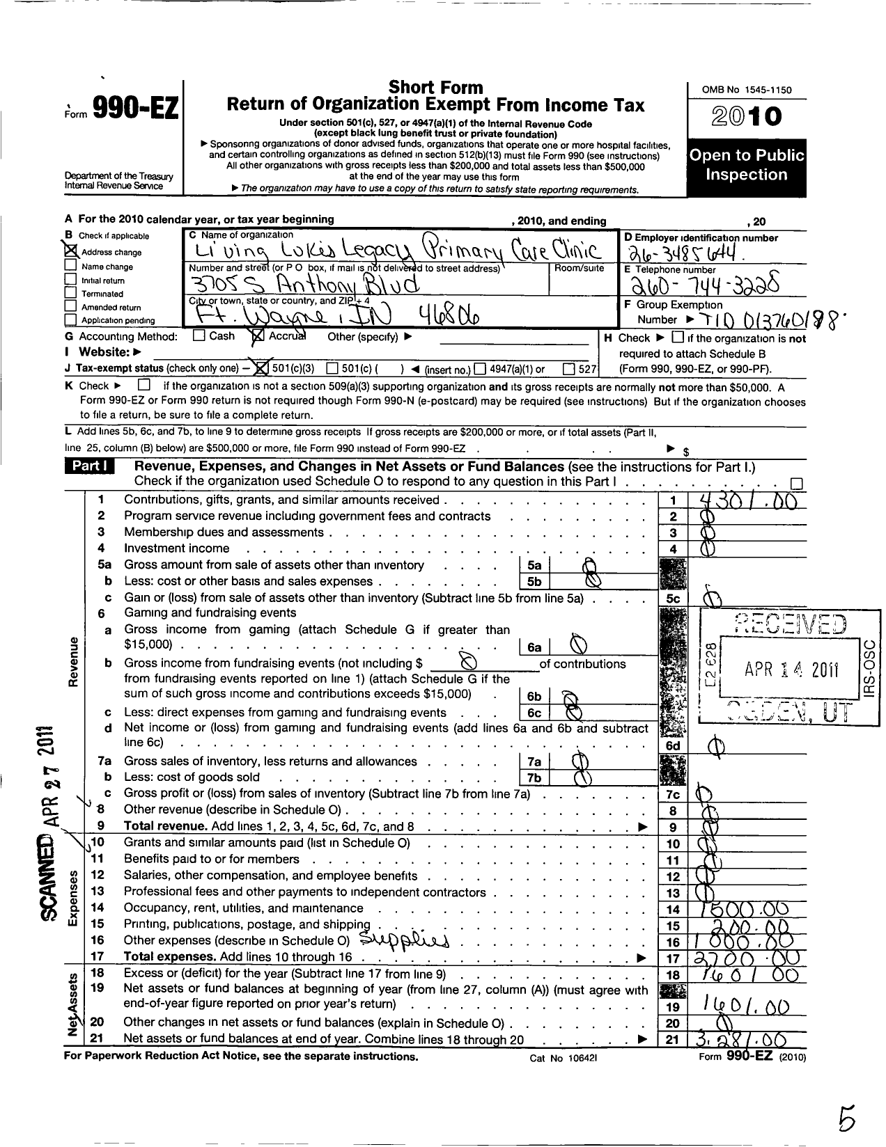 Image of first page of 2010 Form 990EZ for Living Lukes Legacy