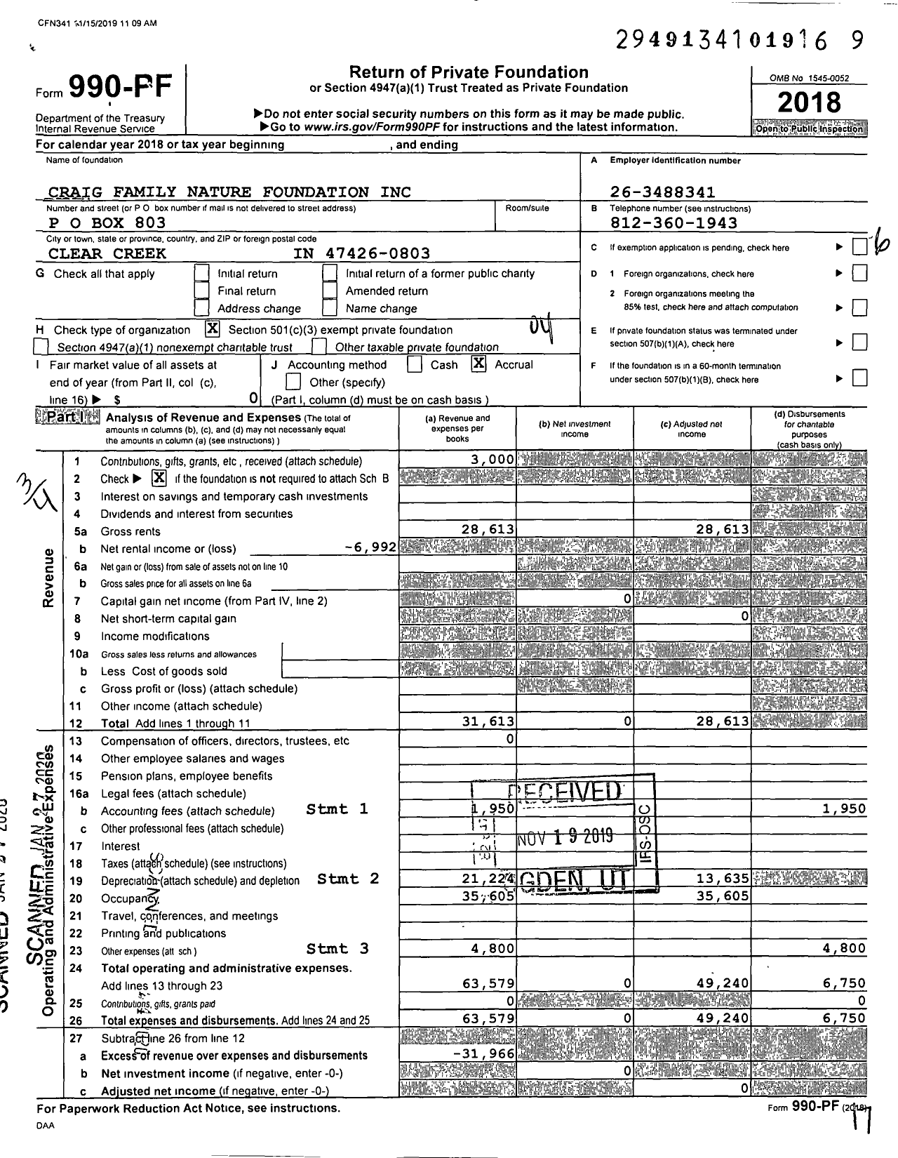 Image of first page of 2018 Form 990PF for Craig Family Nature Foundation