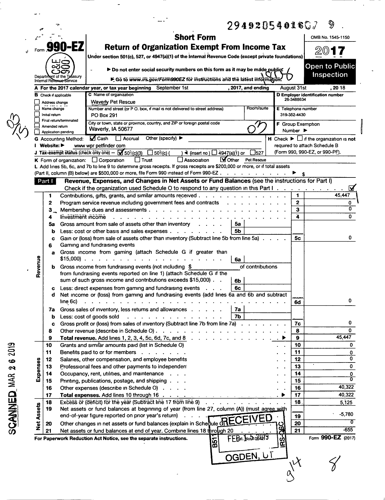 Image of first page of 2017 Form 990EZ for Waverly Pet Rescue