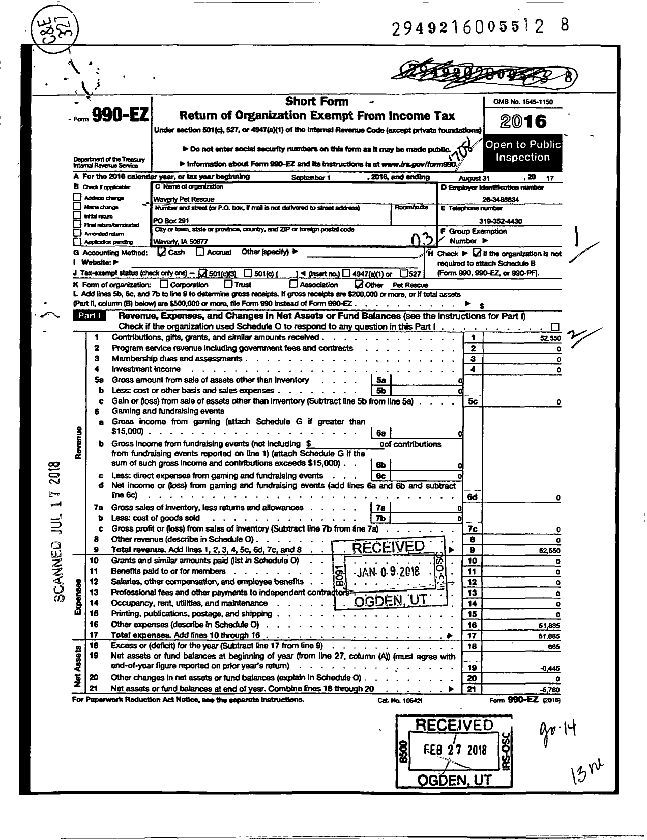 Image of first page of 2016 Form 990EZ for Waverly Pet Rescue